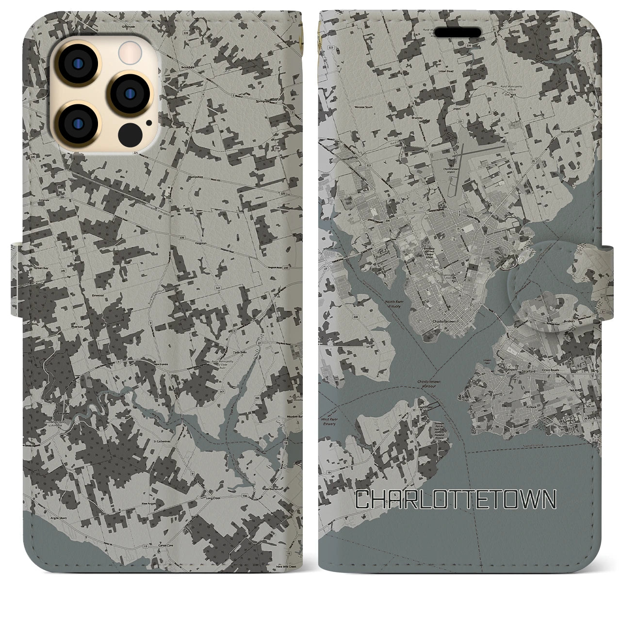【シャーロットタウン(カナダ)】地図柄iPhoneケース(手帳タイプ)モノトーン・iPhone 12 Pro Max 用