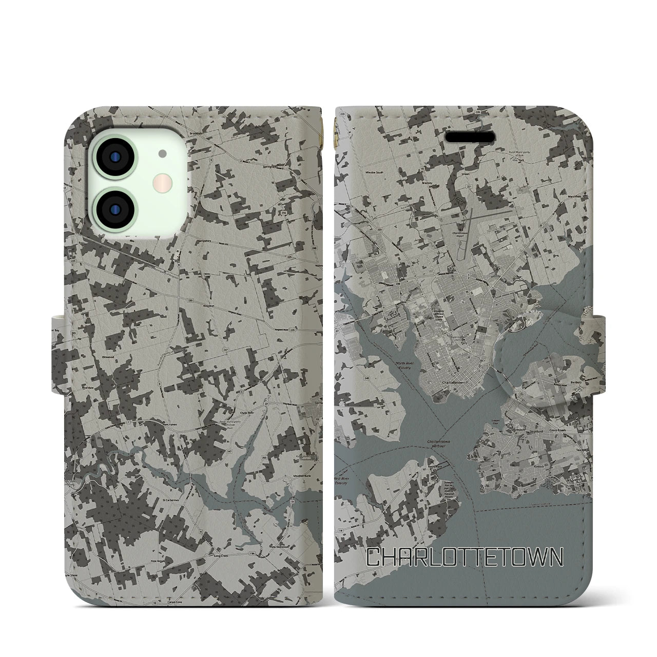 【シャーロットタウン(カナダ)】地図柄iPhoneケース(手帳タイプ)モノトーン・iPhone 12 mini 用