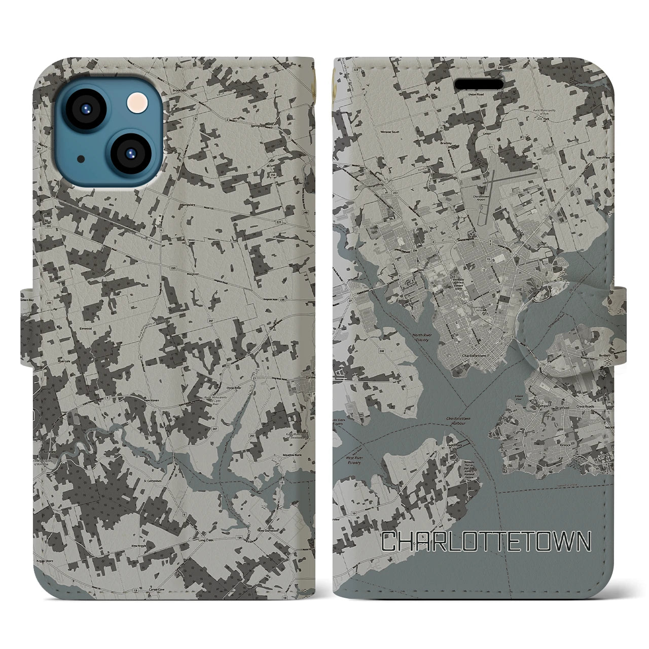 【シャーロットタウン(カナダ)】地図柄iPhoneケース(手帳タイプ)モノトーン・iPhone 13 用