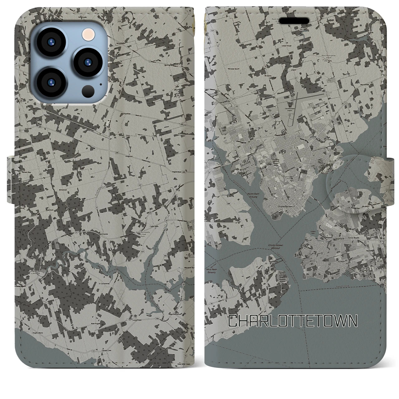 【シャーロットタウン(カナダ)】地図柄iPhoneケース(手帳タイプ)モノトーン・iPhone 13 Pro Max 用