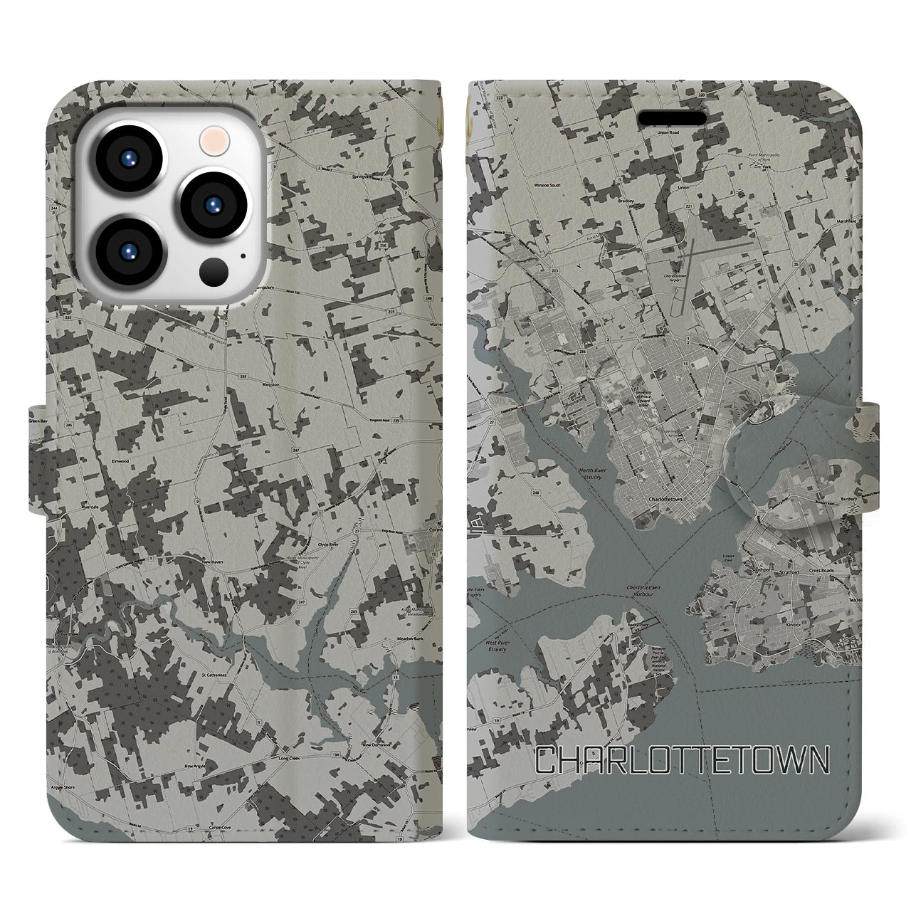 【シャーロットタウン(カナダ)】地図柄iPhoneケース(手帳タイプ)モノトーン・iPhone 13 Pro 用