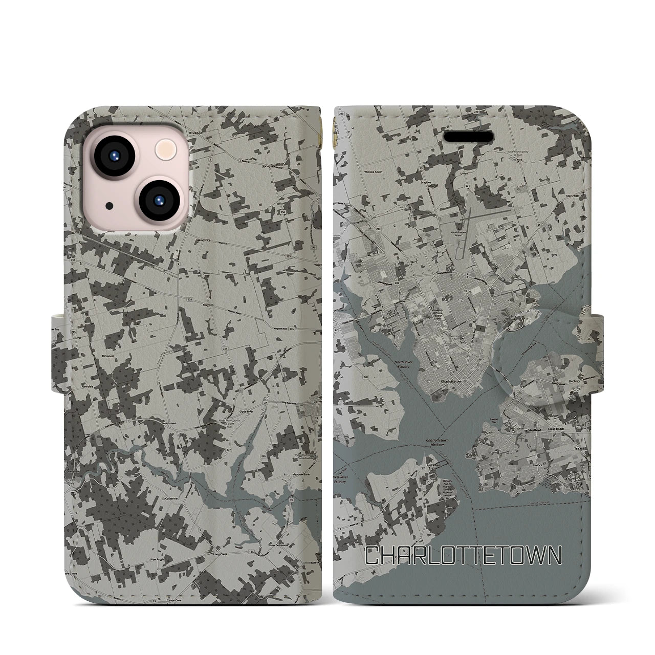 【シャーロットタウン(カナダ)】地図柄iPhoneケース(手帳タイプ)モノトーン・iPhone 13 mini 用