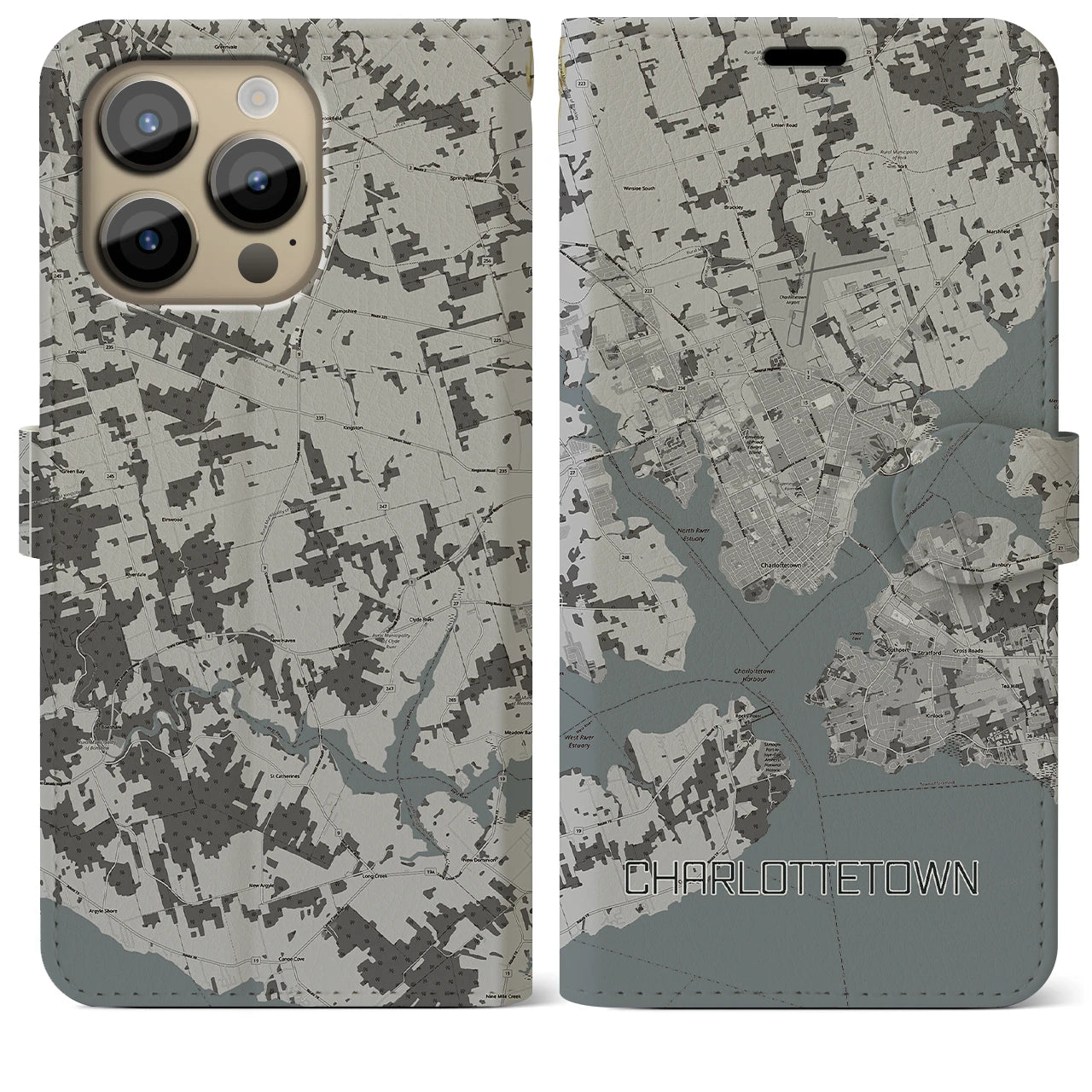 【シャーロットタウン(カナダ)】地図柄iPhoneケース(手帳タイプ)モノトーン・iPhone 14 Pro Max 用
