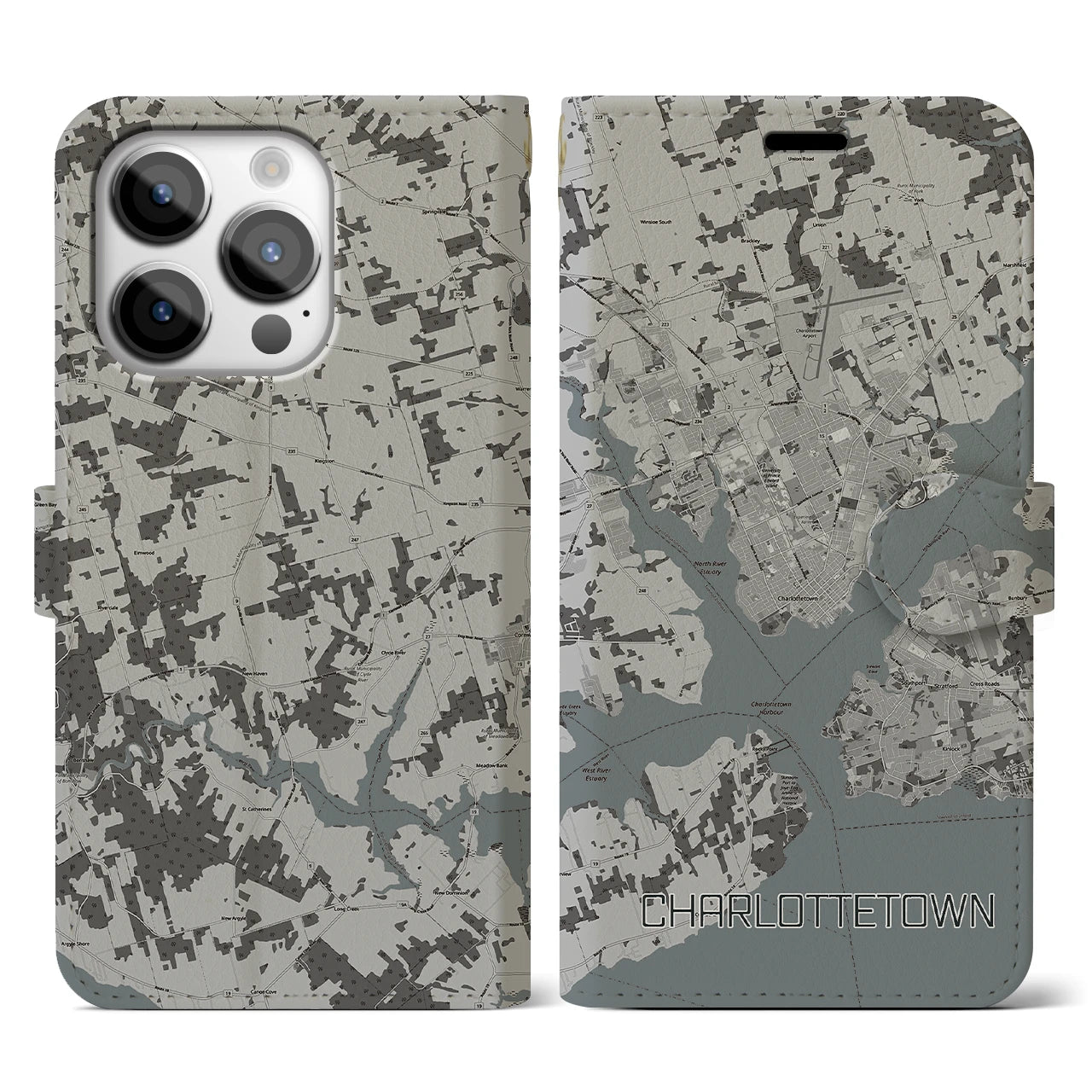 【シャーロットタウン(カナダ)】地図柄iPhoneケース(手帳タイプ)モノトーン・iPhone 14 Pro 用