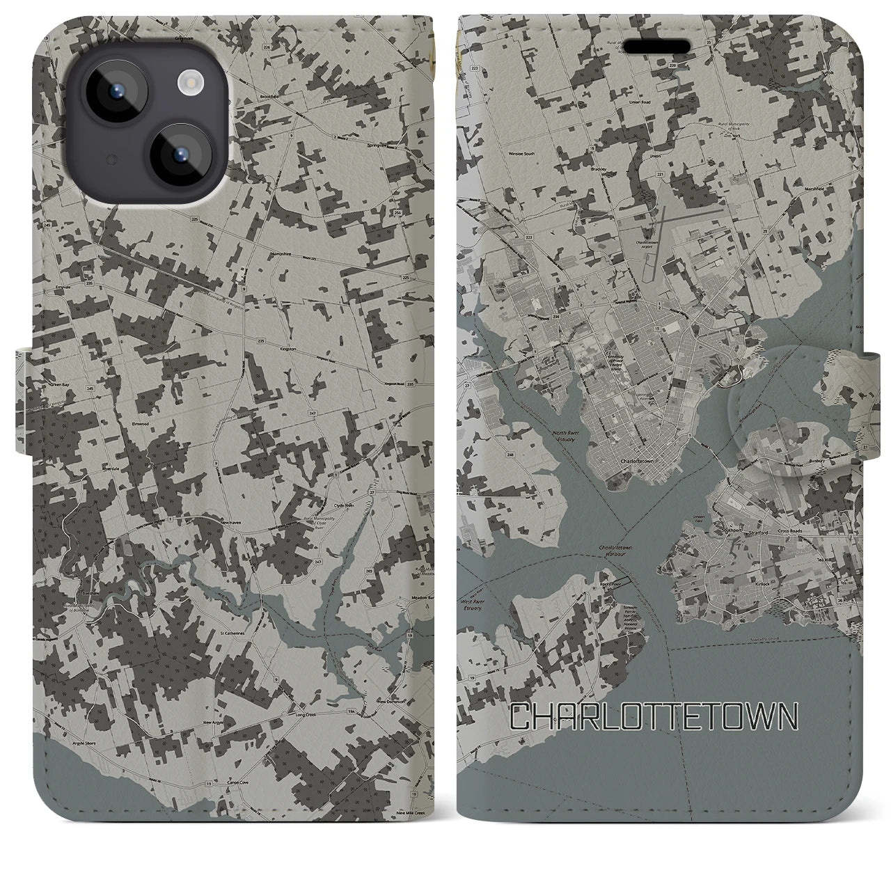 【シャーロットタウン(カナダ)】地図柄iPhoneケース(手帳タイプ)モノトーン・iPhone 14 Plus 用