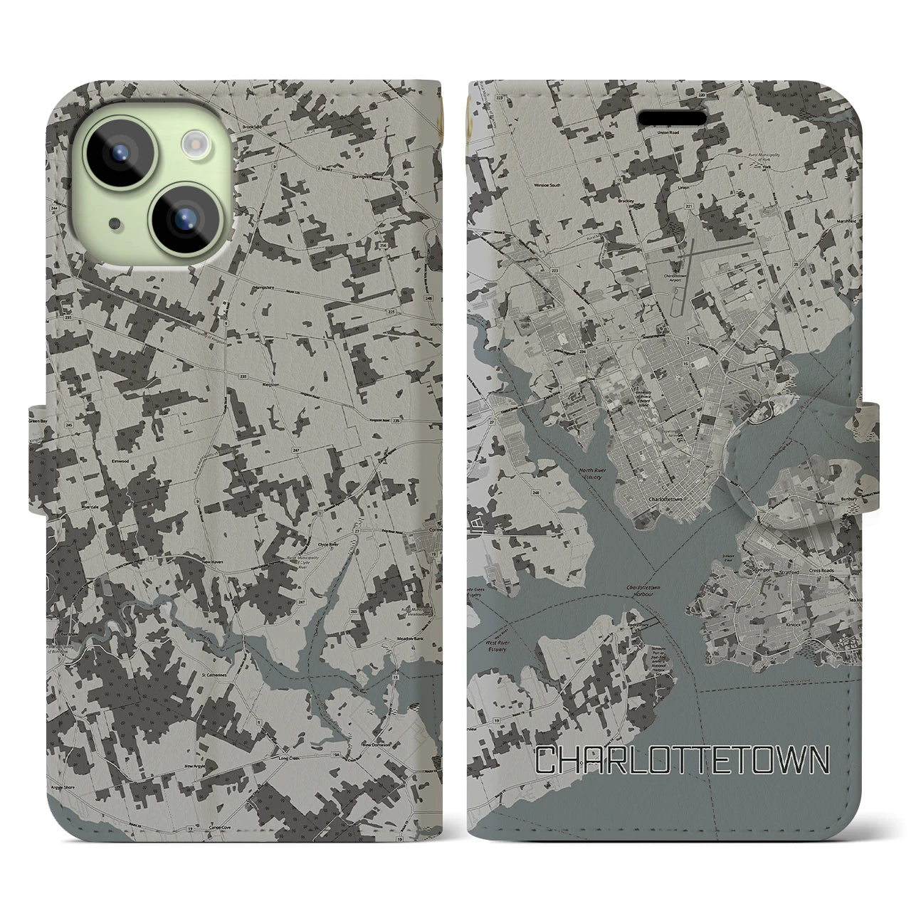 【シャーロットタウン(カナダ)】地図柄iPhoneケース(手帳タイプ)モノトーン・iPhone 15 用