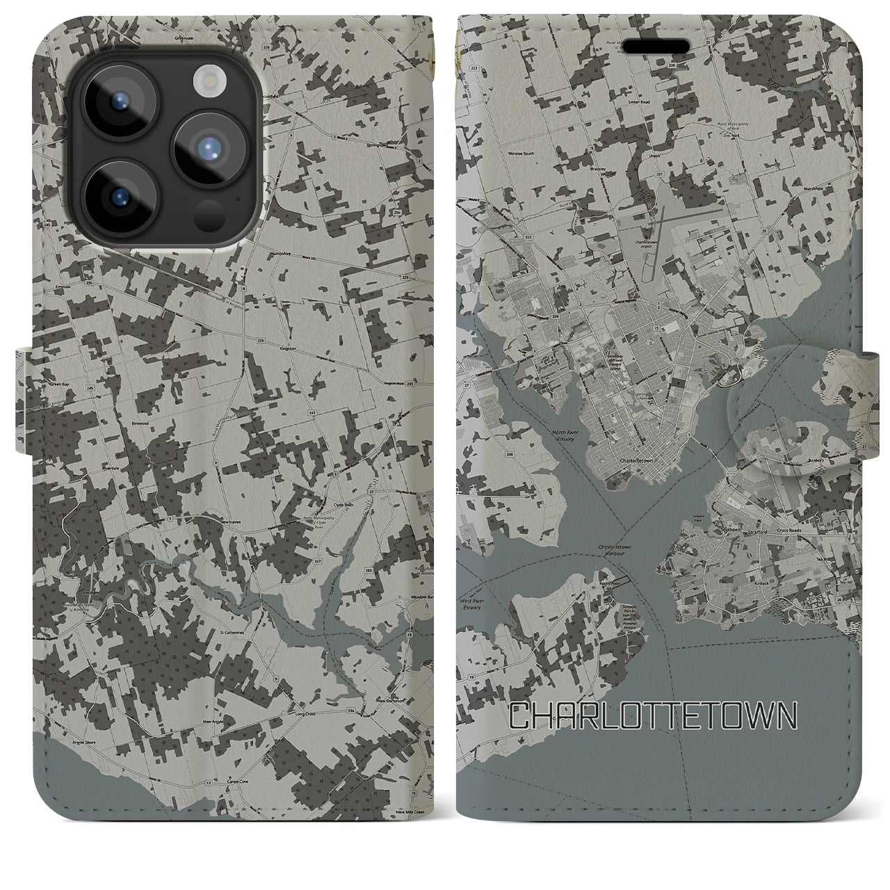 【シャーロットタウン(カナダ)】地図柄iPhoneケース(手帳タイプ)モノトーン・iPhone 15 Pro Max 用