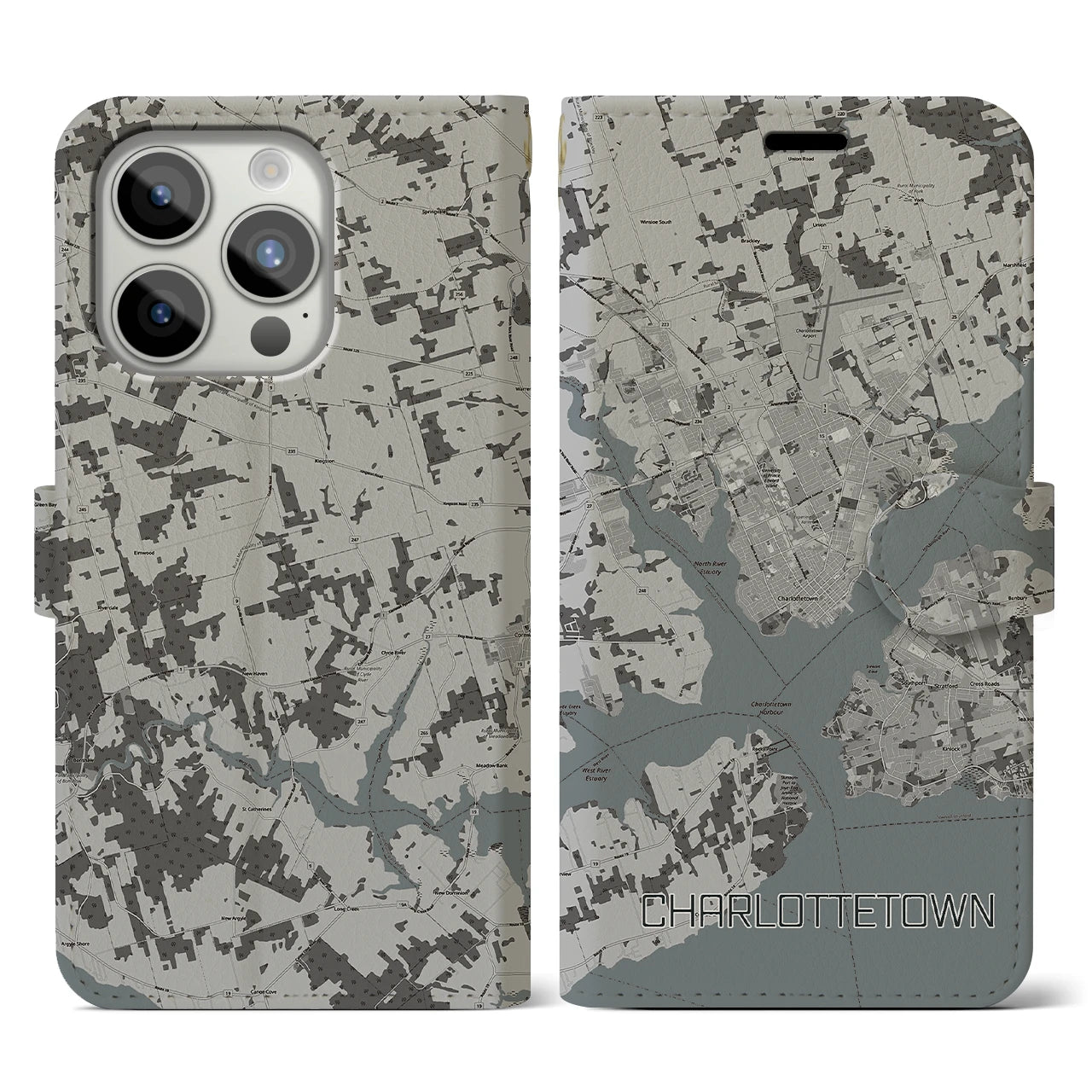 【シャーロットタウン(カナダ)】地図柄iPhoneケース(手帳タイプ)モノトーン・iPhone 15 Pro 用