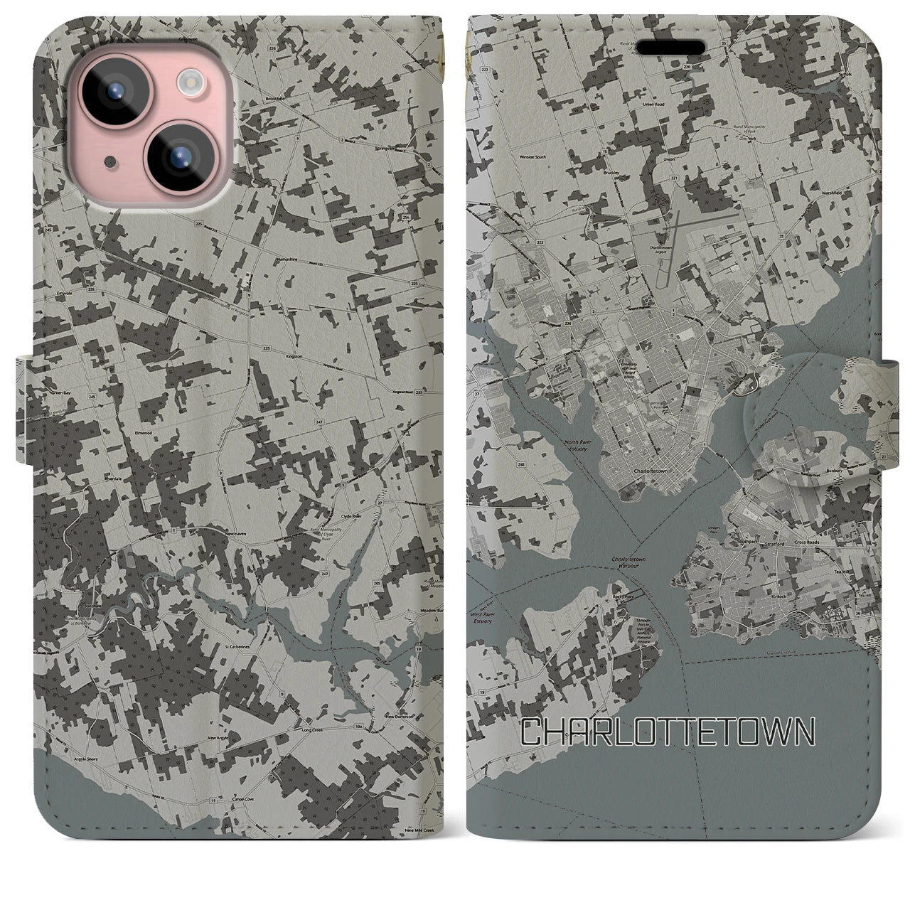 【シャーロットタウン(カナダ)】地図柄iPhoneケース(手帳タイプ)モノトーン・iPhone 15 Plus 用