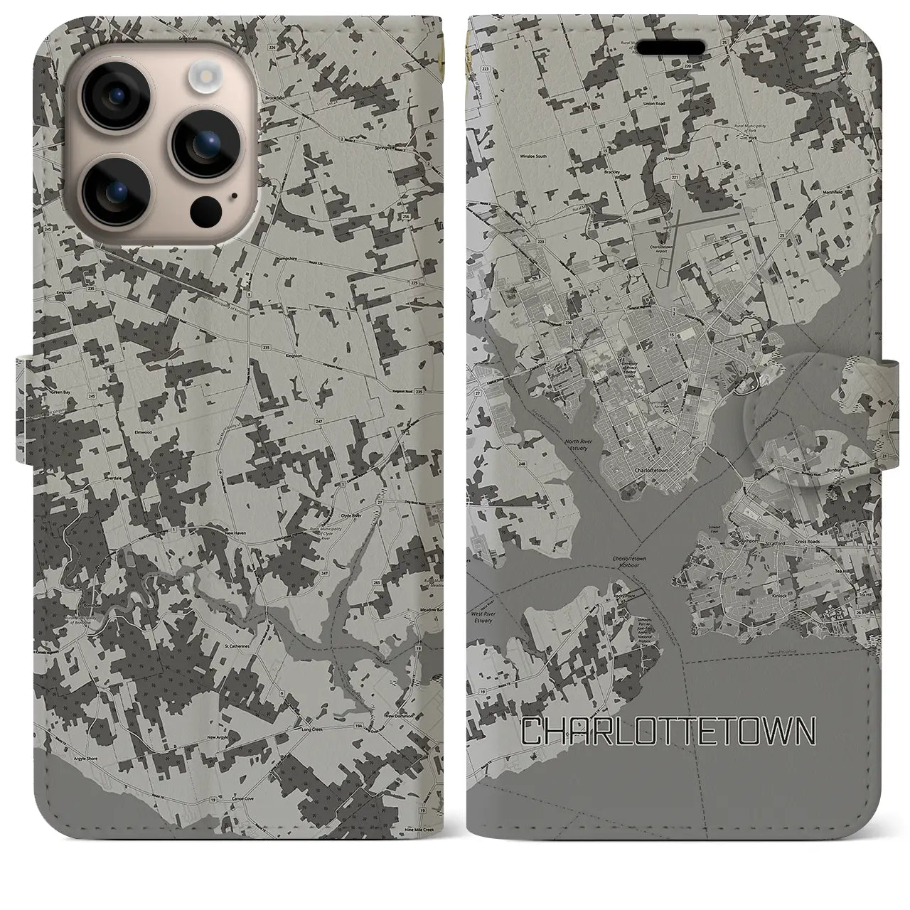 【シャーロットタウン(カナダ)】地図柄iPhoneケース(手帳タイプ)モノトーン・iPhone 16 Plus 用