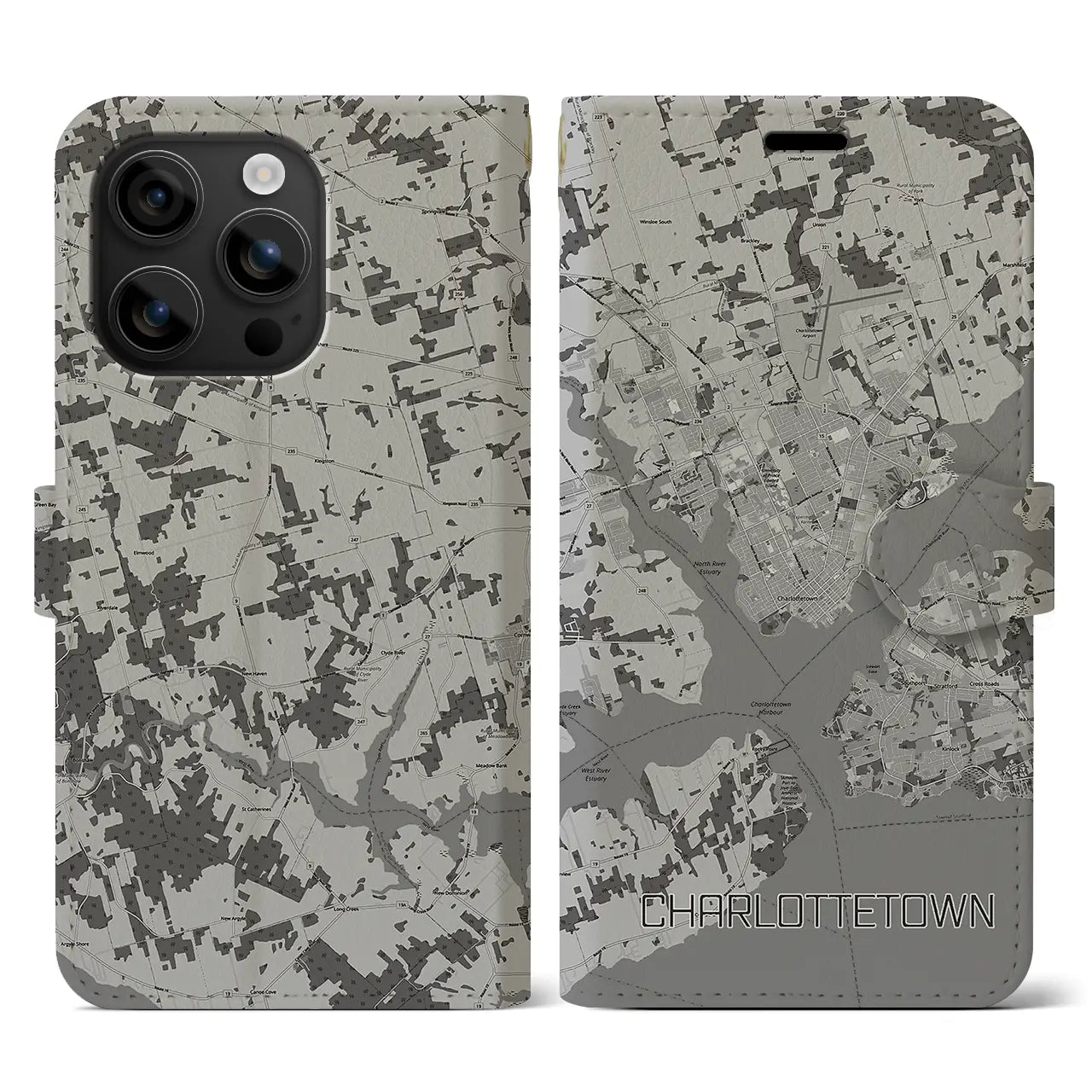 【シャーロットタウン(カナダ)】地図柄iPhoneケース(手帳タイプ)モノトーン・iPhone 16 用
