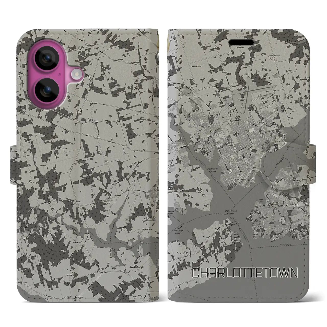【シャーロットタウン(カナダ)】地図柄iPhoneケース(手帳タイプ)モノトーン・iPhone 16 Pro 用