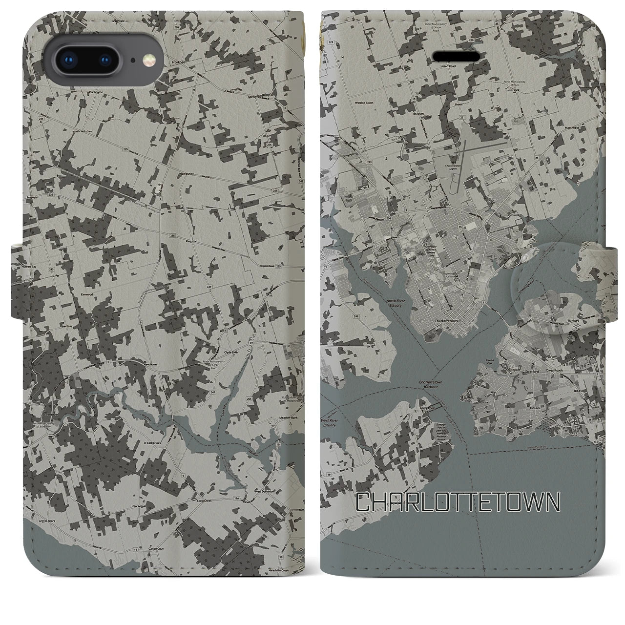 【シャーロットタウン(カナダ)】地図柄iPhoneケース(手帳タイプ)モノトーン・iPhone 8Plus /7Plus / 6sPlus / 6Plus 用