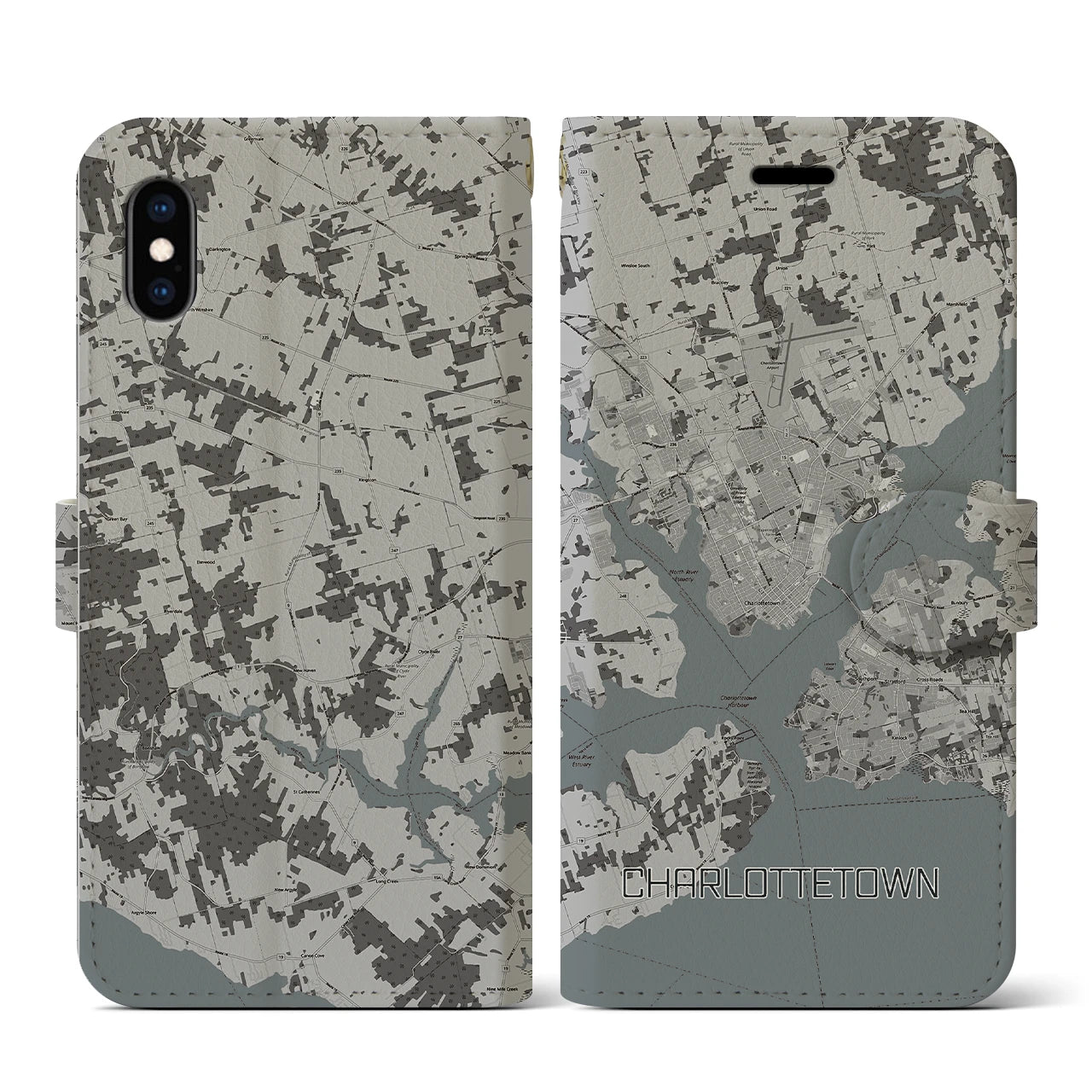 【シャーロットタウン(カナダ)】地図柄iPhoneケース(手帳タイプ)モノトーン・iPhone XS / X 用
