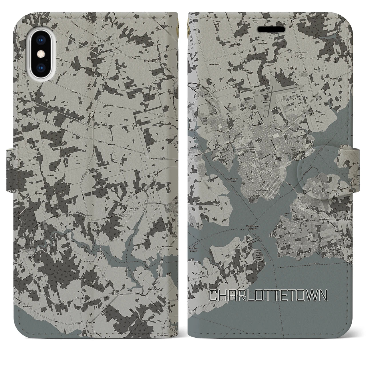 【シャーロットタウン(カナダ)】地図柄iPhoneケース(手帳タイプ)モノトーン・iPhone XS Max 用