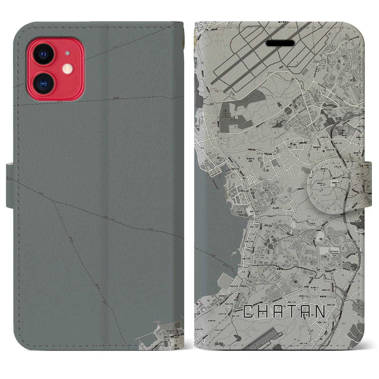 【北谷(沖縄県)】地図柄iPhoneケース(手帳タイプ)モノトーン・iPhone 11 用