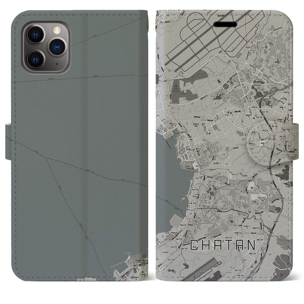 【北谷(沖縄県)】地図柄iPhoneケース(手帳タイプ)モノトーン・iPhone 11 Pro Max 用