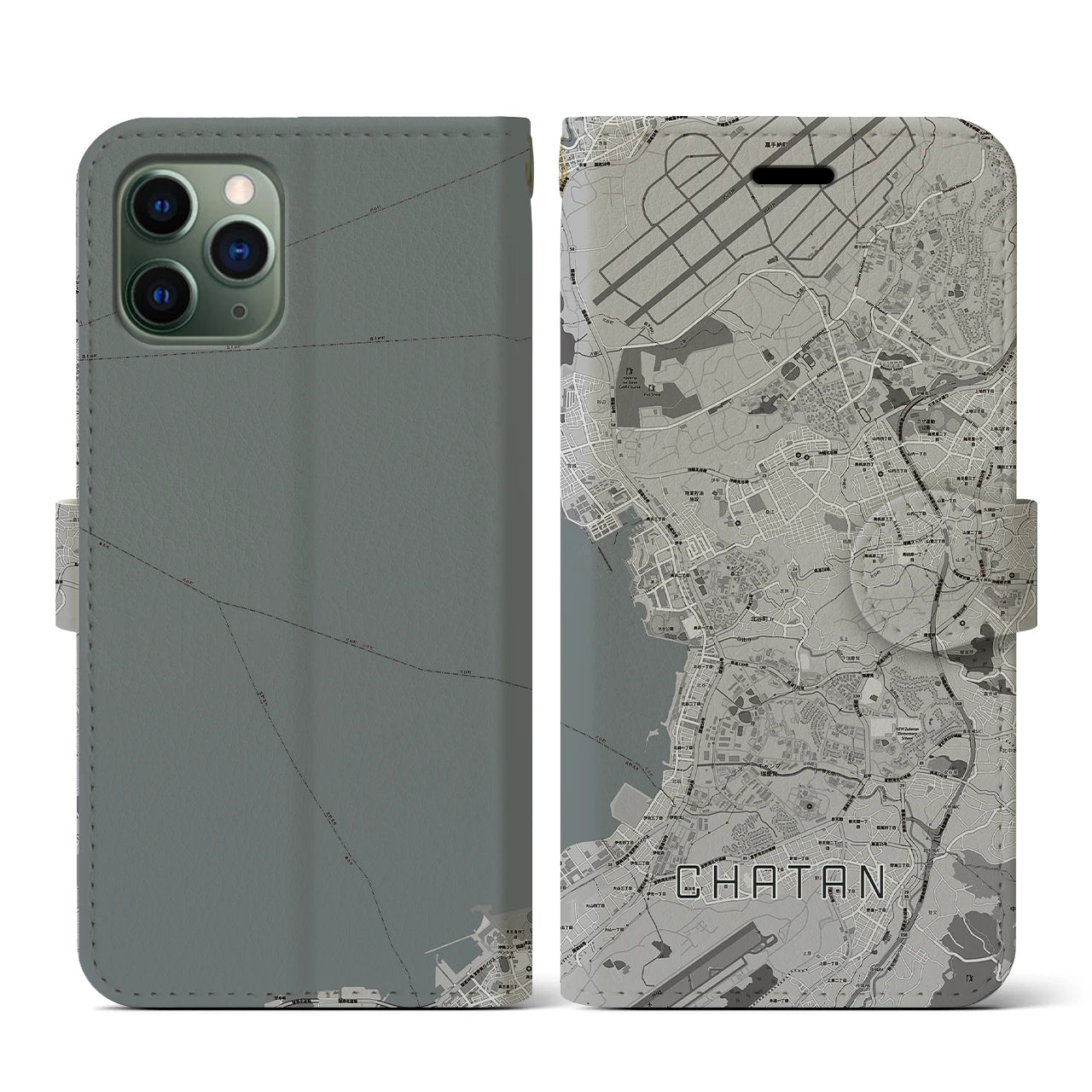 【北谷(沖縄県)】地図柄iPhoneケース(手帳タイプ)モノトーン・iPhone 11 Pro 用