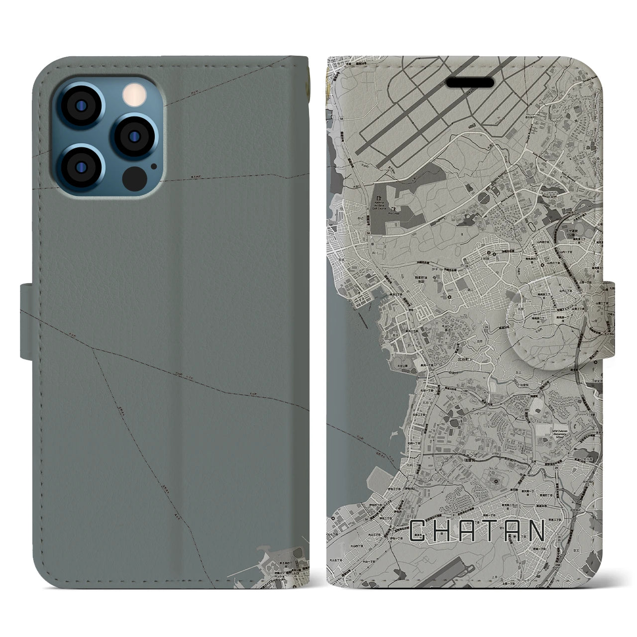 【北谷(沖縄県)】地図柄iPhoneケース(手帳タイプ)モノトーン・iPhone 12 / 12 Pro 用