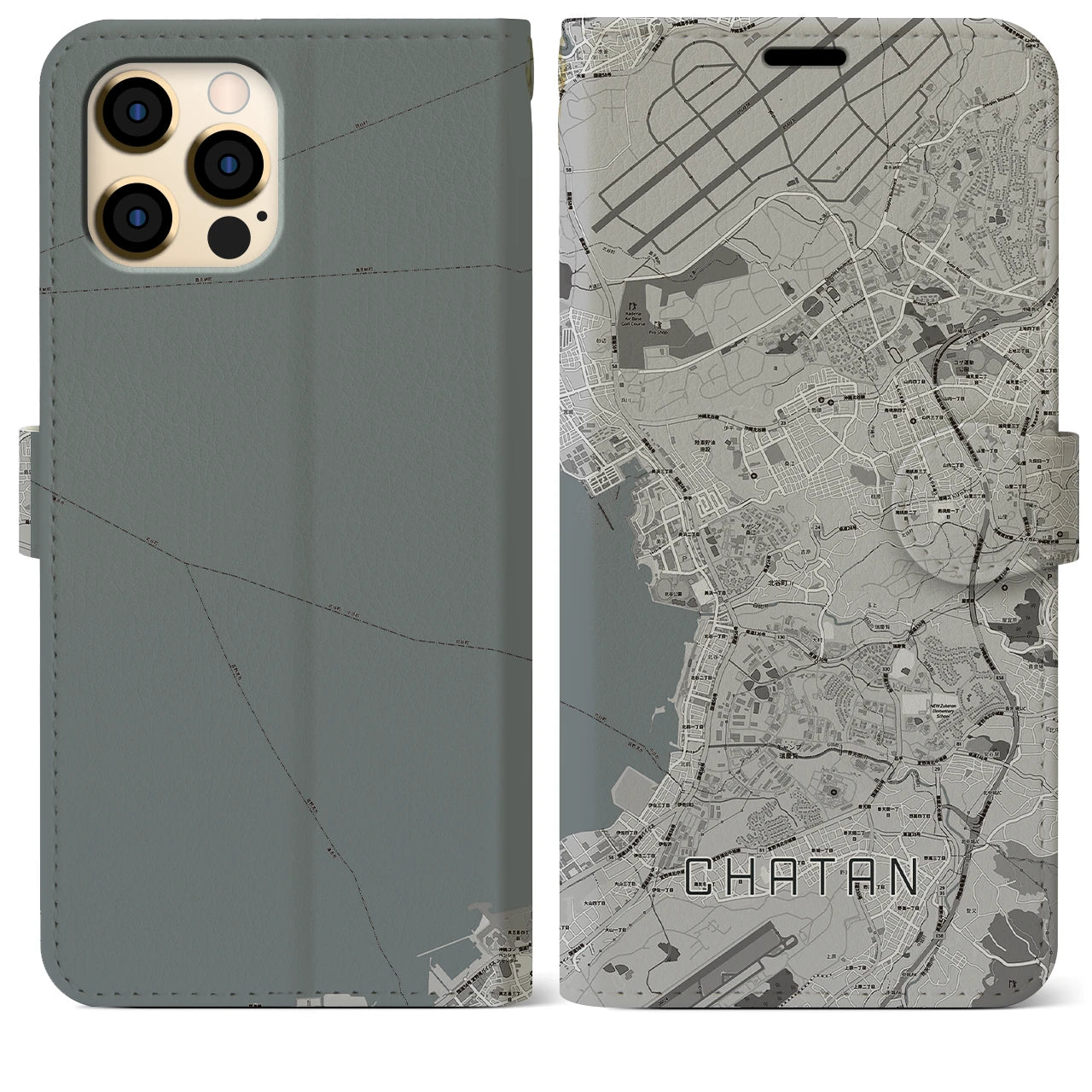 【北谷(沖縄県)】地図柄iPhoneケース(手帳タイプ)モノトーン・iPhone 12 Pro Max 用