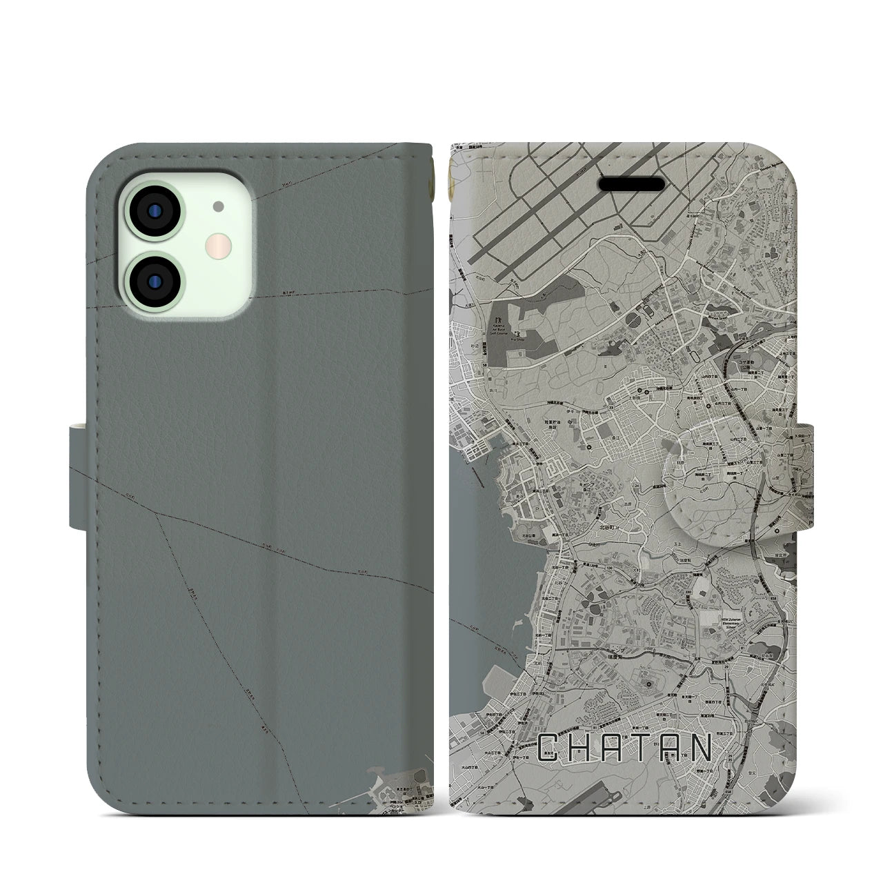 【北谷(沖縄県)】地図柄iPhoneケース(手帳タイプ)モノトーン・iPhone 12 mini 用