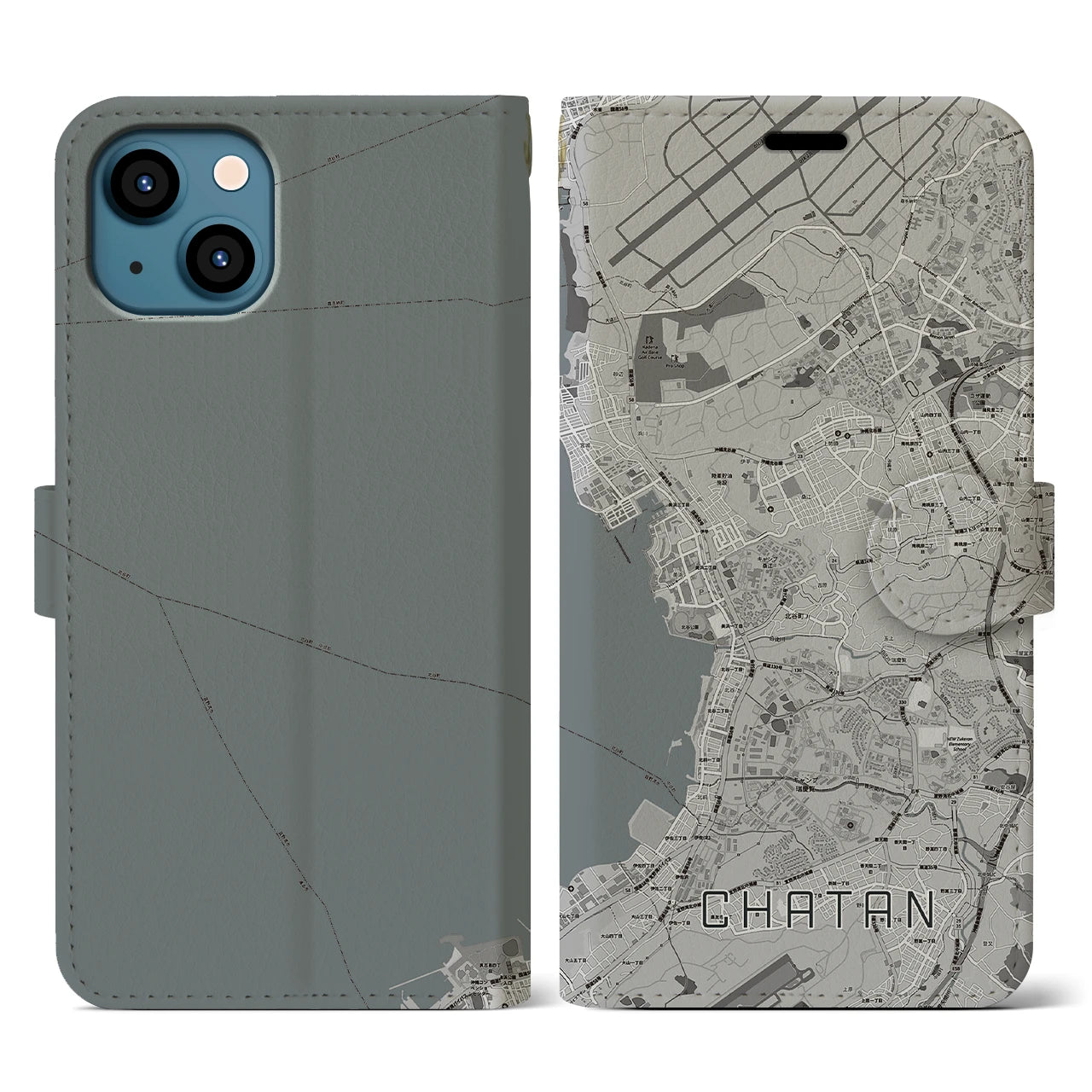 【北谷(沖縄県)】地図柄iPhoneケース(手帳タイプ)モノトーン・iPhone 13 用