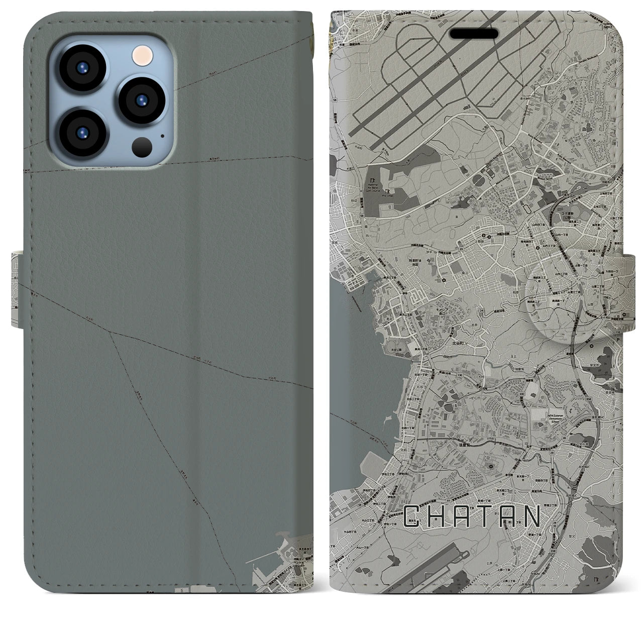 【北谷(沖縄県)】地図柄iPhoneケース(手帳タイプ)モノトーン・iPhone 13 Pro Max 用