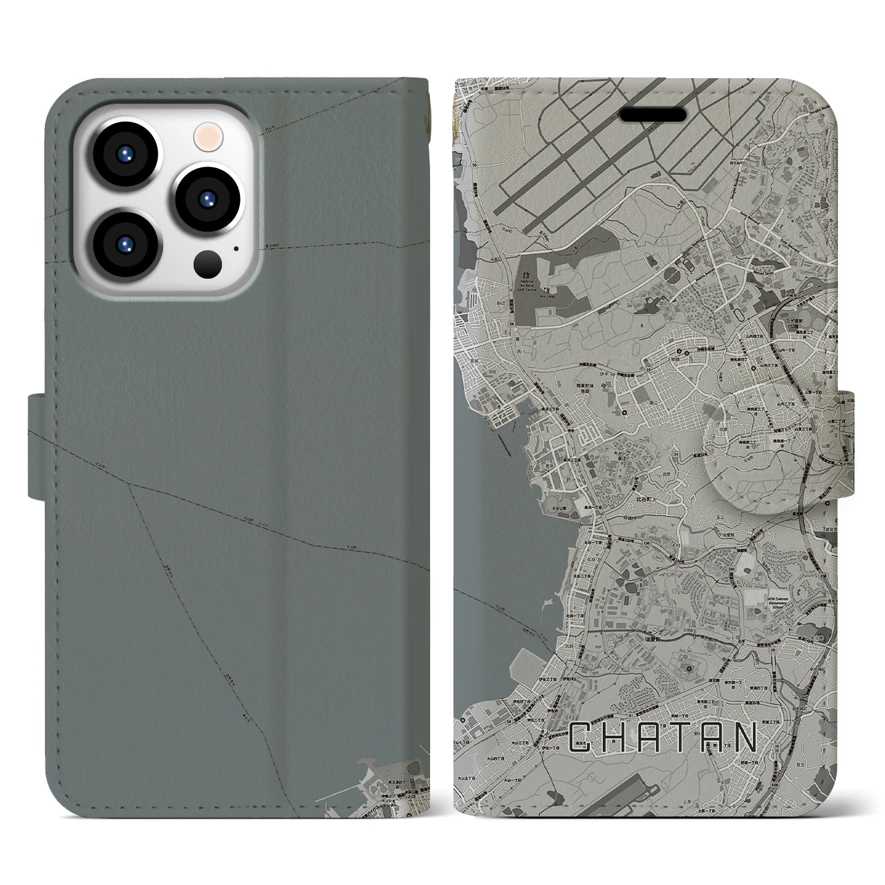 【北谷(沖縄県)】地図柄iPhoneケース(手帳タイプ)モノトーン・iPhone 13 Pro 用