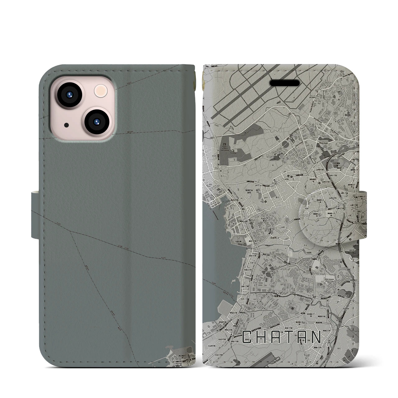 【北谷(沖縄県)】地図柄iPhoneケース(手帳タイプ)モノトーン・iPhone 13 mini 用