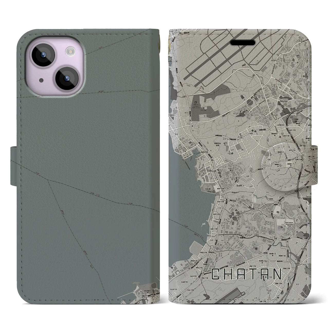 【北谷(沖縄県)】地図柄iPhoneケース(手帳タイプ)モノトーン・iPhone 14 用