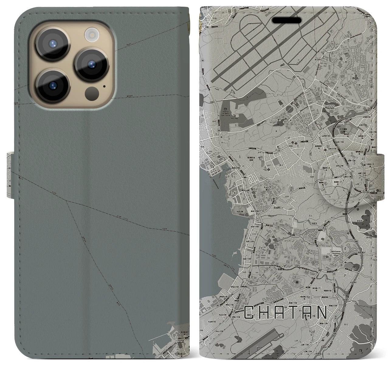 【北谷(沖縄県)】地図柄iPhoneケース(手帳タイプ)モノトーン・iPhone 14 Pro Max 用