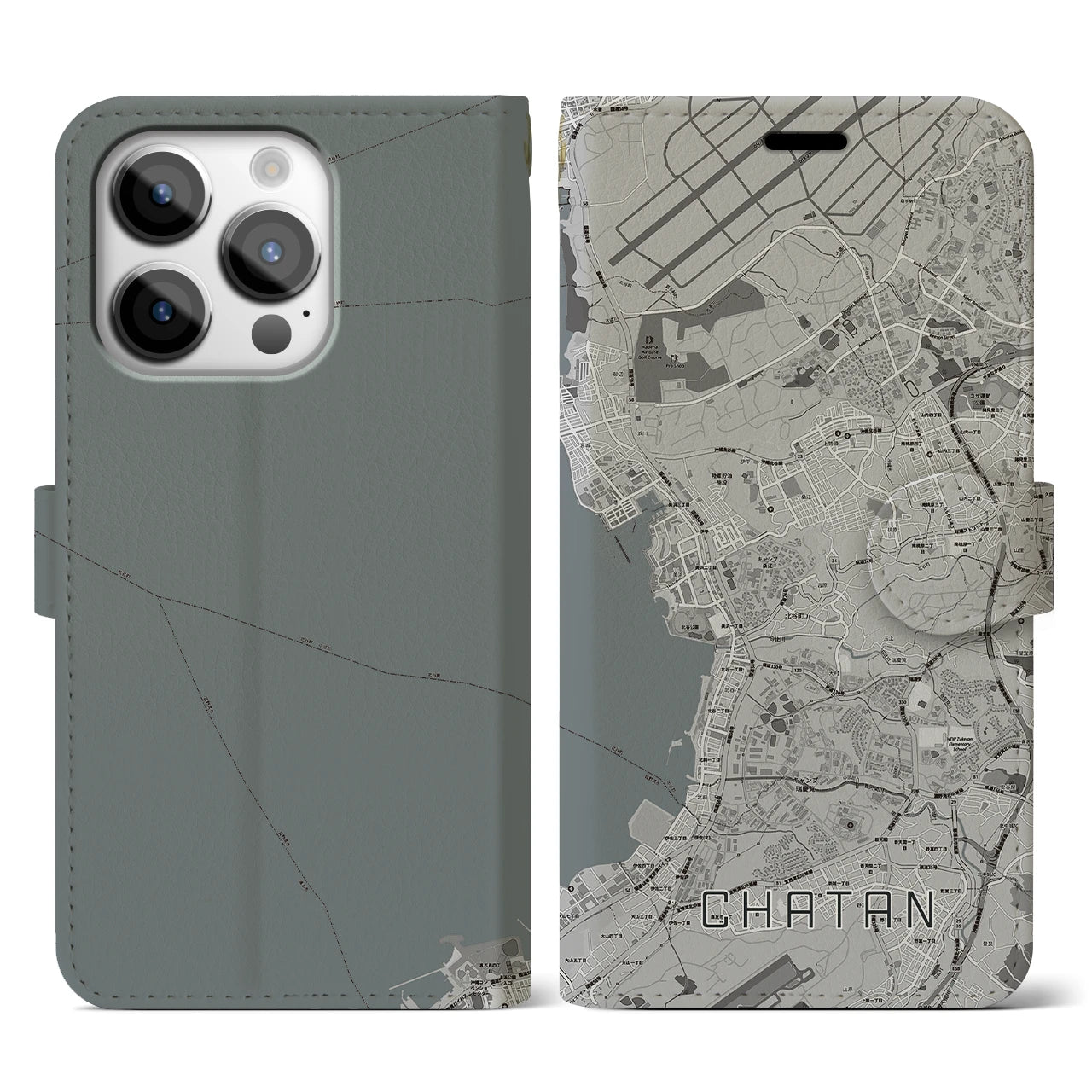 【北谷(沖縄県)】地図柄iPhoneケース(手帳タイプ)モノトーン・iPhone 14 Pro 用