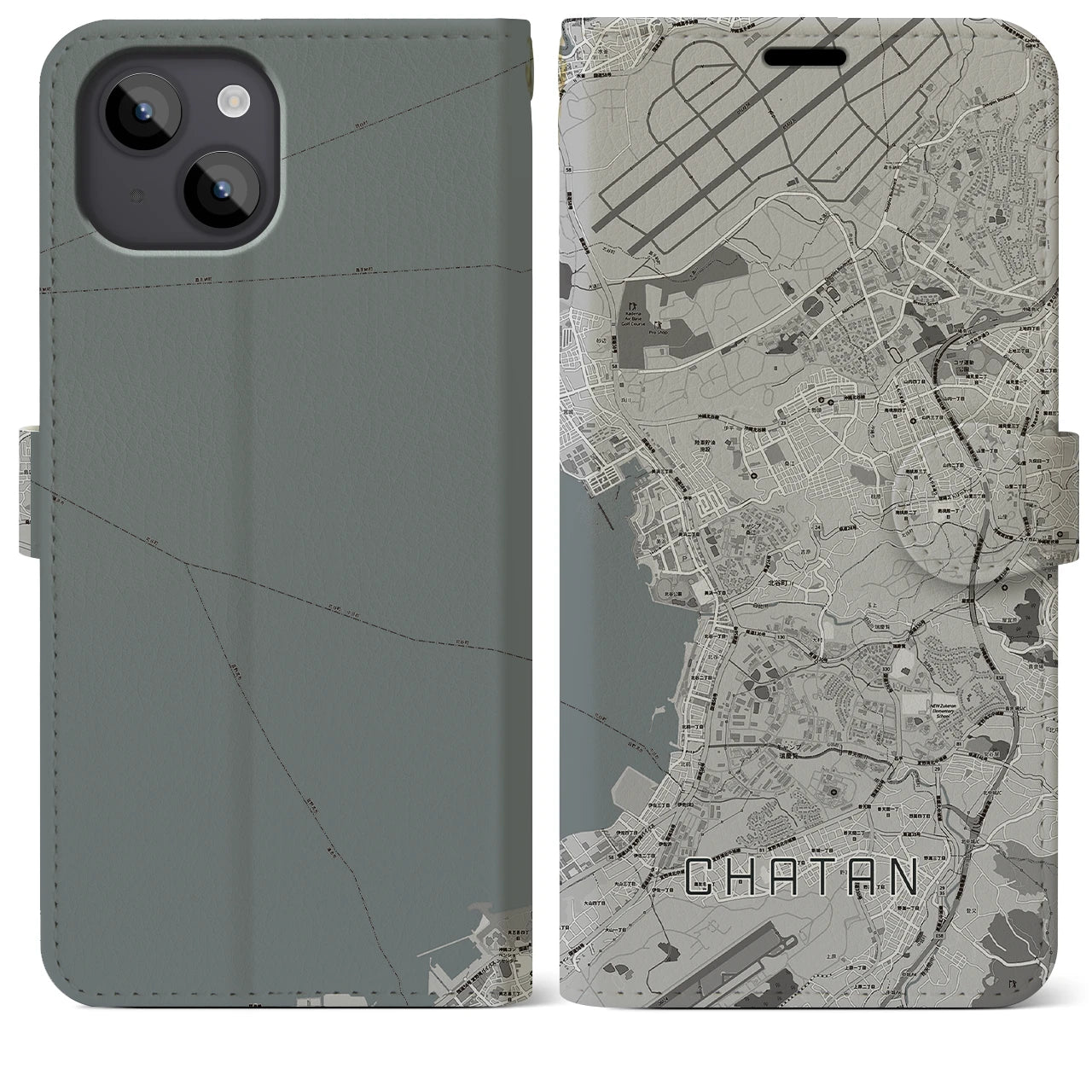 【北谷(沖縄県)】地図柄iPhoneケース(手帳タイプ)モノトーン・iPhone 14 Plus 用