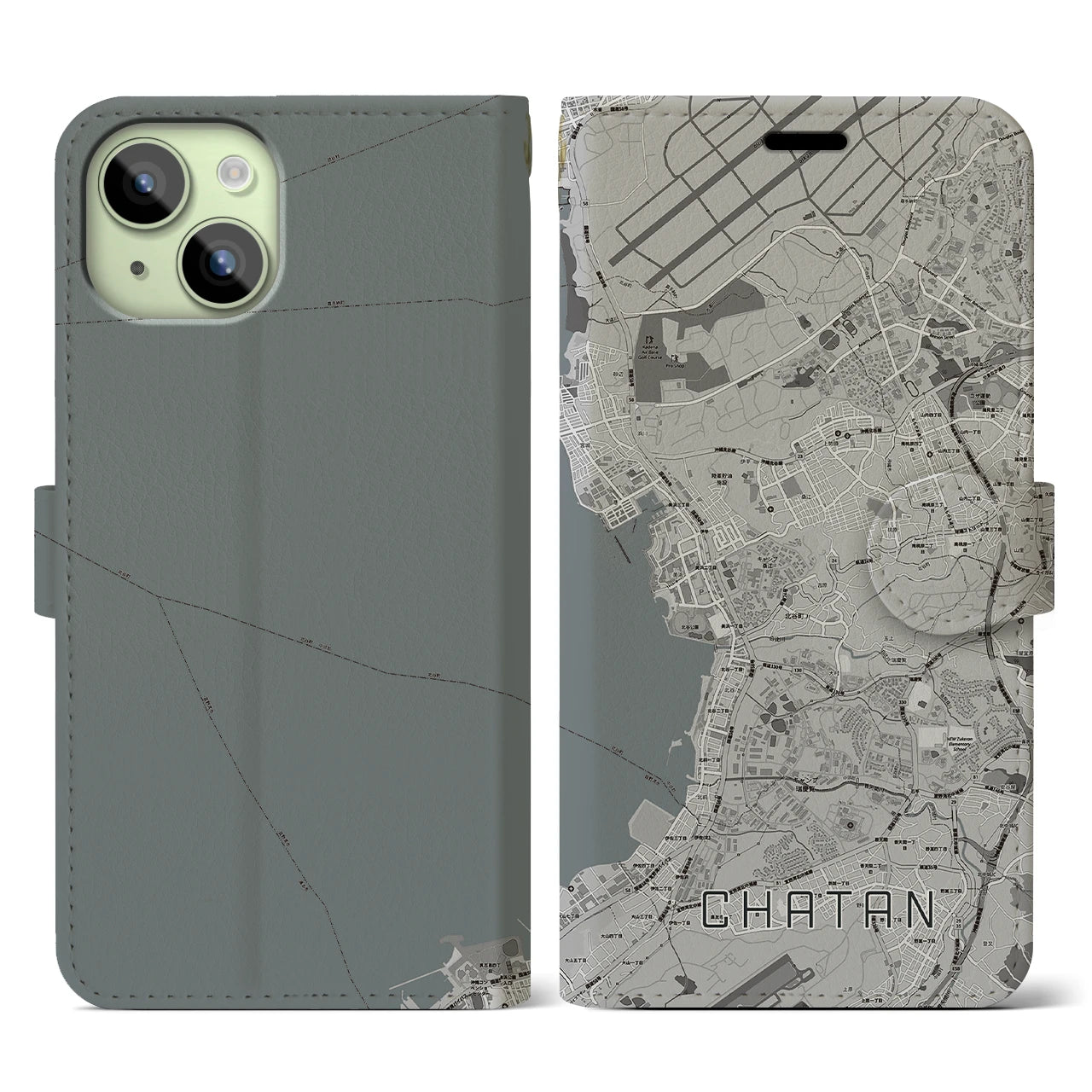 【北谷(沖縄県)】地図柄iPhoneケース(手帳タイプ)モノトーン・iPhone 15 用