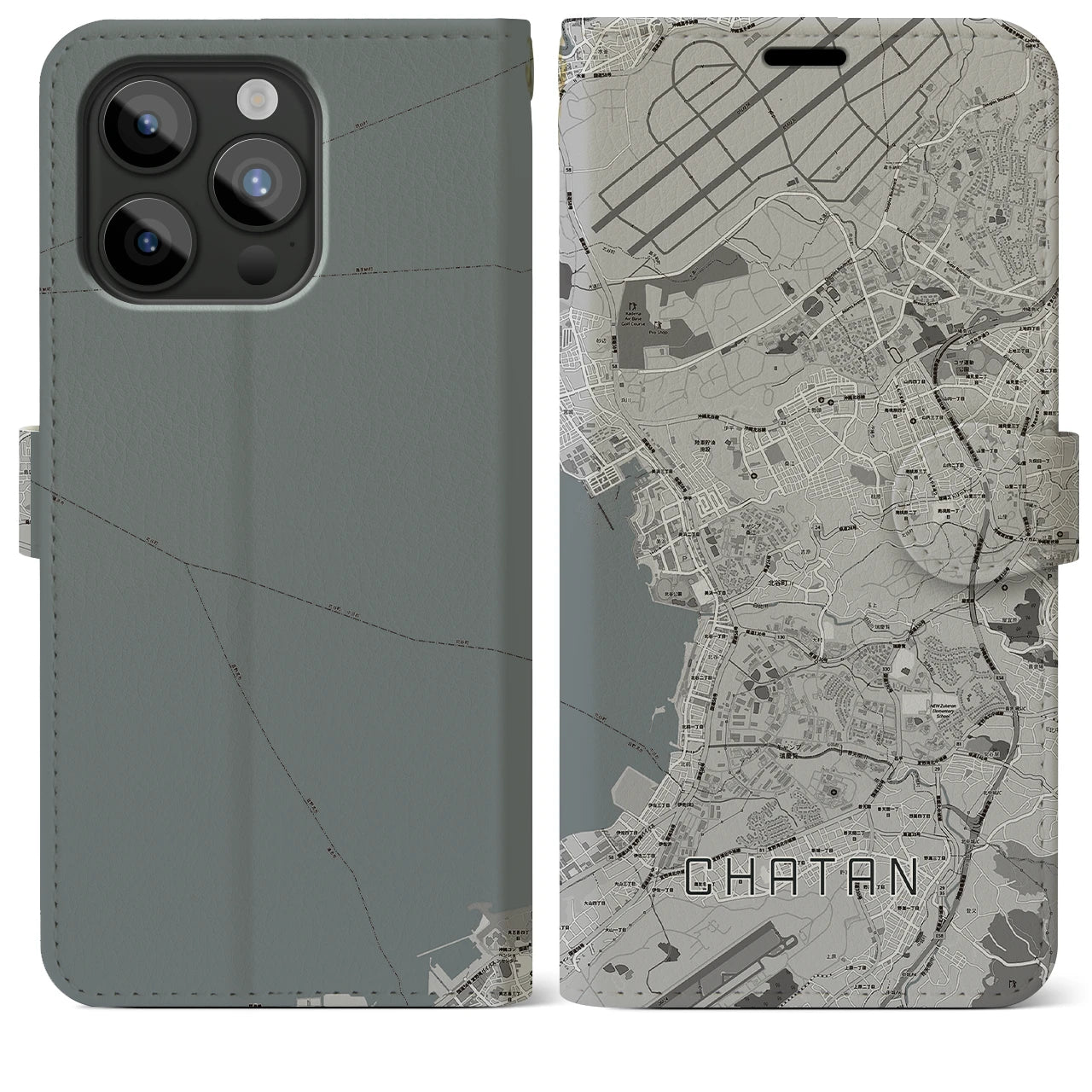 【北谷(沖縄県)】地図柄iPhoneケース(手帳タイプ)モノトーン・iPhone 15 Pro Max 用