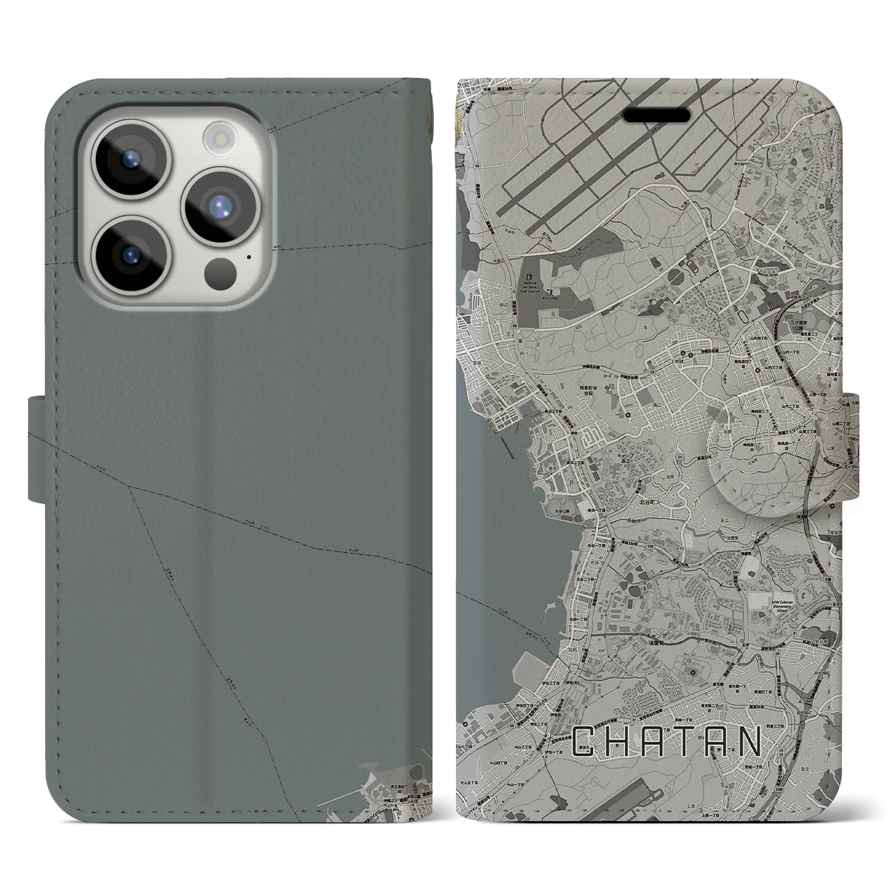 【北谷(沖縄県)】地図柄iPhoneケース(手帳タイプ)モノトーン・iPhone 15 Pro 用