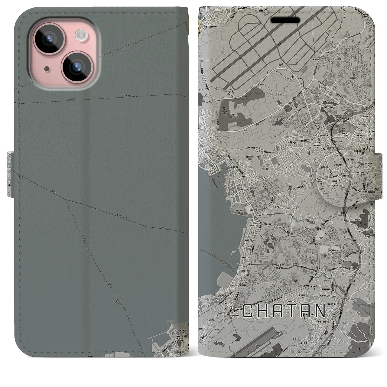 【北谷(沖縄県)】地図柄iPhoneケース(手帳タイプ)モノトーン・iPhone 15 Plus 用