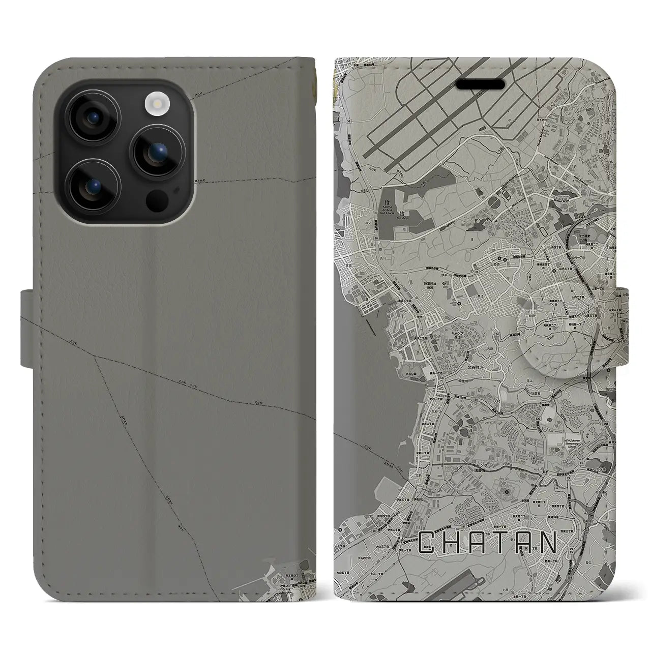 【北谷(沖縄県)】地図柄iPhoneケース(手帳タイプ)モノトーン・iPhone 16 用