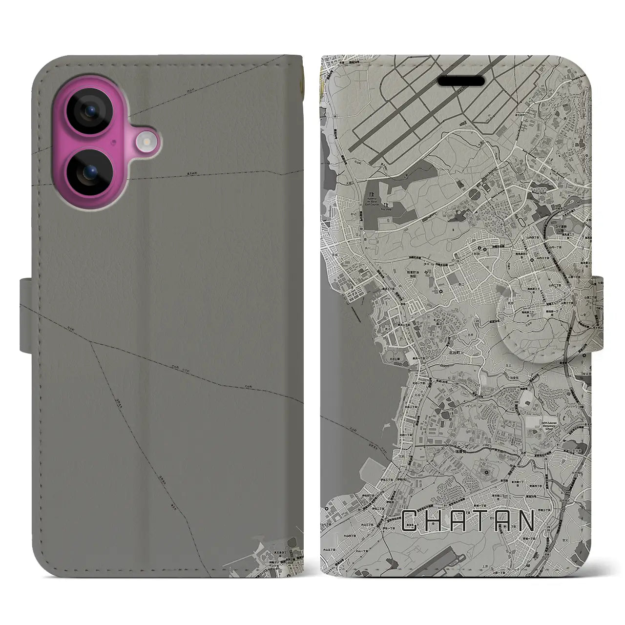 【北谷(沖縄県)】地図柄iPhoneケース(手帳タイプ)モノトーン・iPhone 16 Pro 用