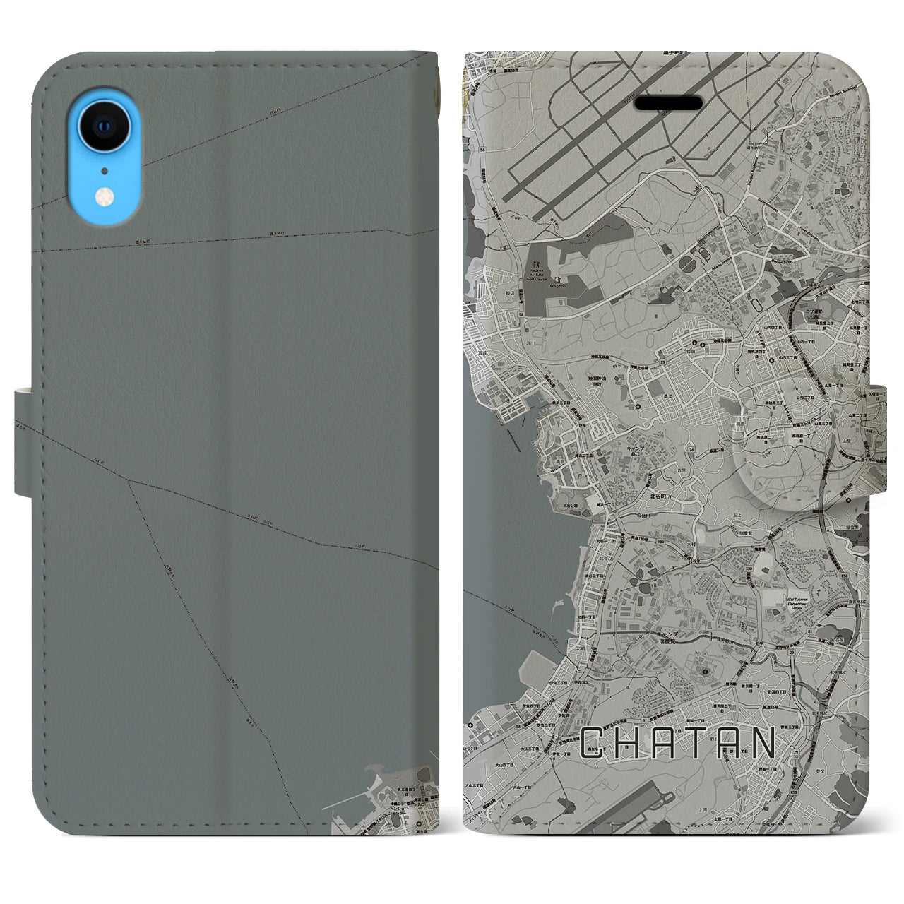 【北谷(沖縄県)】地図柄iPhoneケース(手帳タイプ)モノトーン・iPhone XR 用