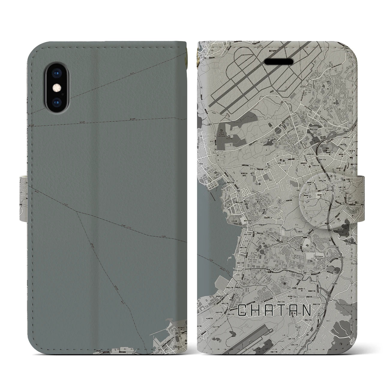 【北谷(沖縄県)】地図柄iPhoneケース(手帳タイプ)モノトーン・iPhone XS / X 用