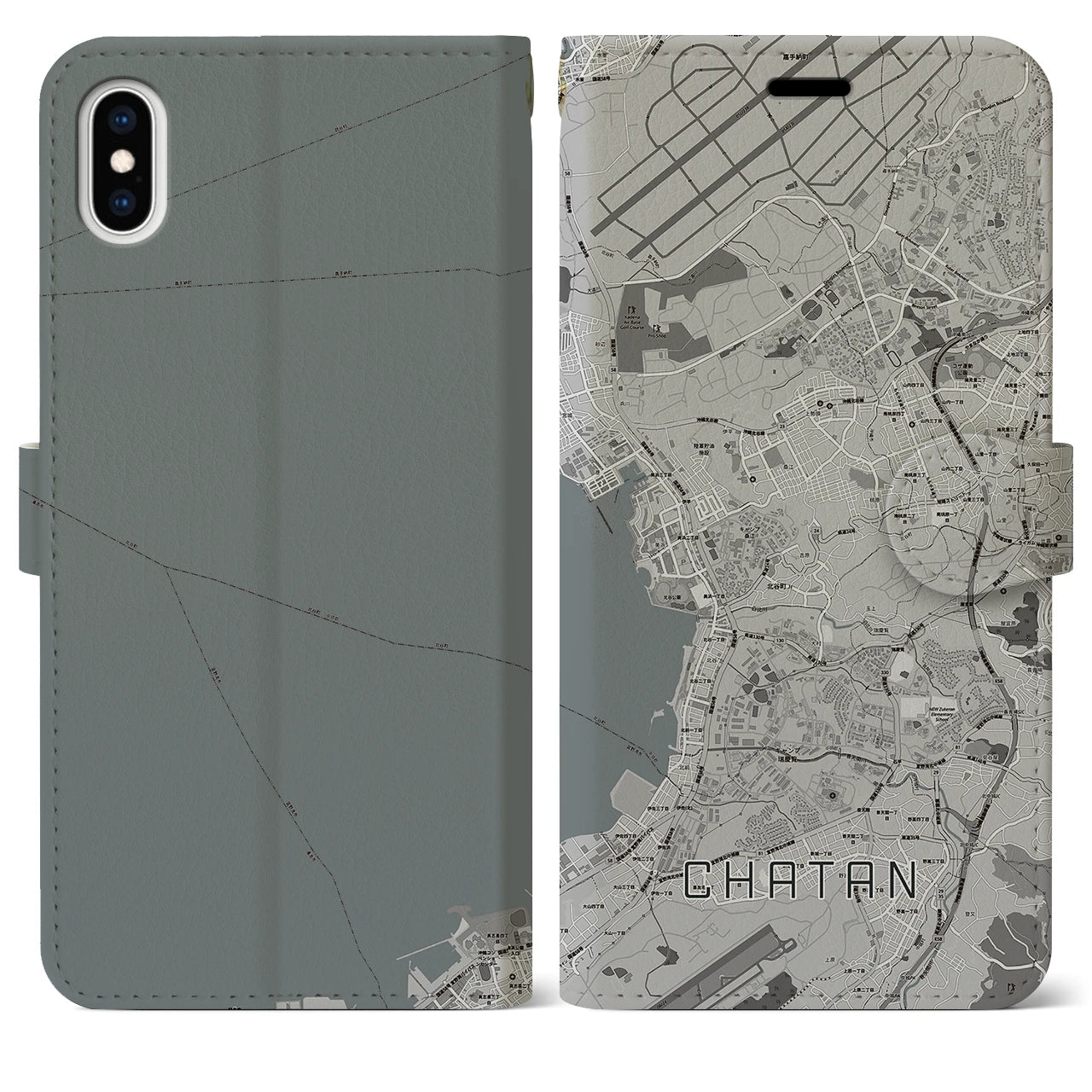 【北谷(沖縄県)】地図柄iPhoneケース(手帳タイプ)モノトーン・iPhone XS Max 用