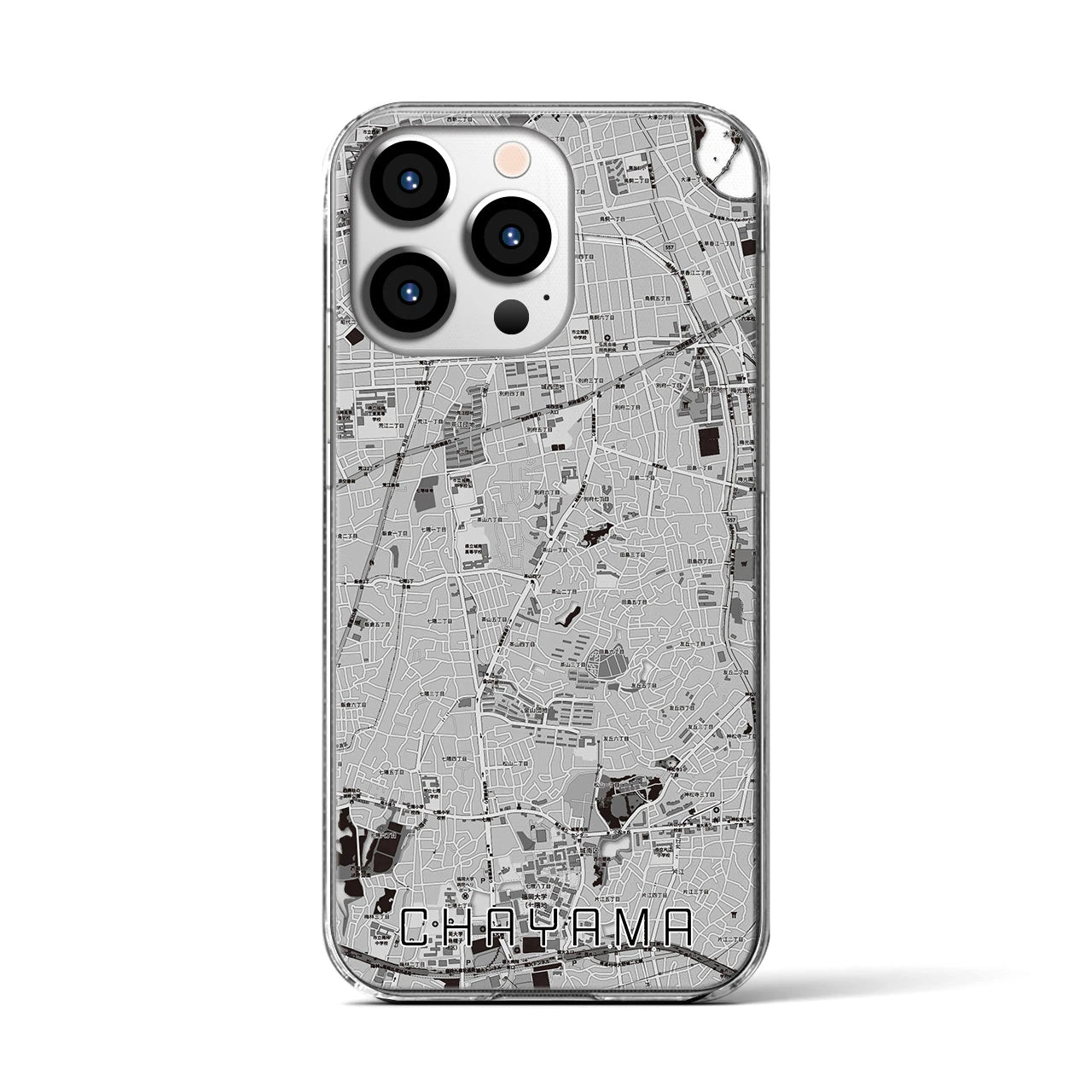 【茶山(福岡県)】地図柄iPhoneケース(クリアタイプ)モノトーン・iPhone 13 Pro 用
