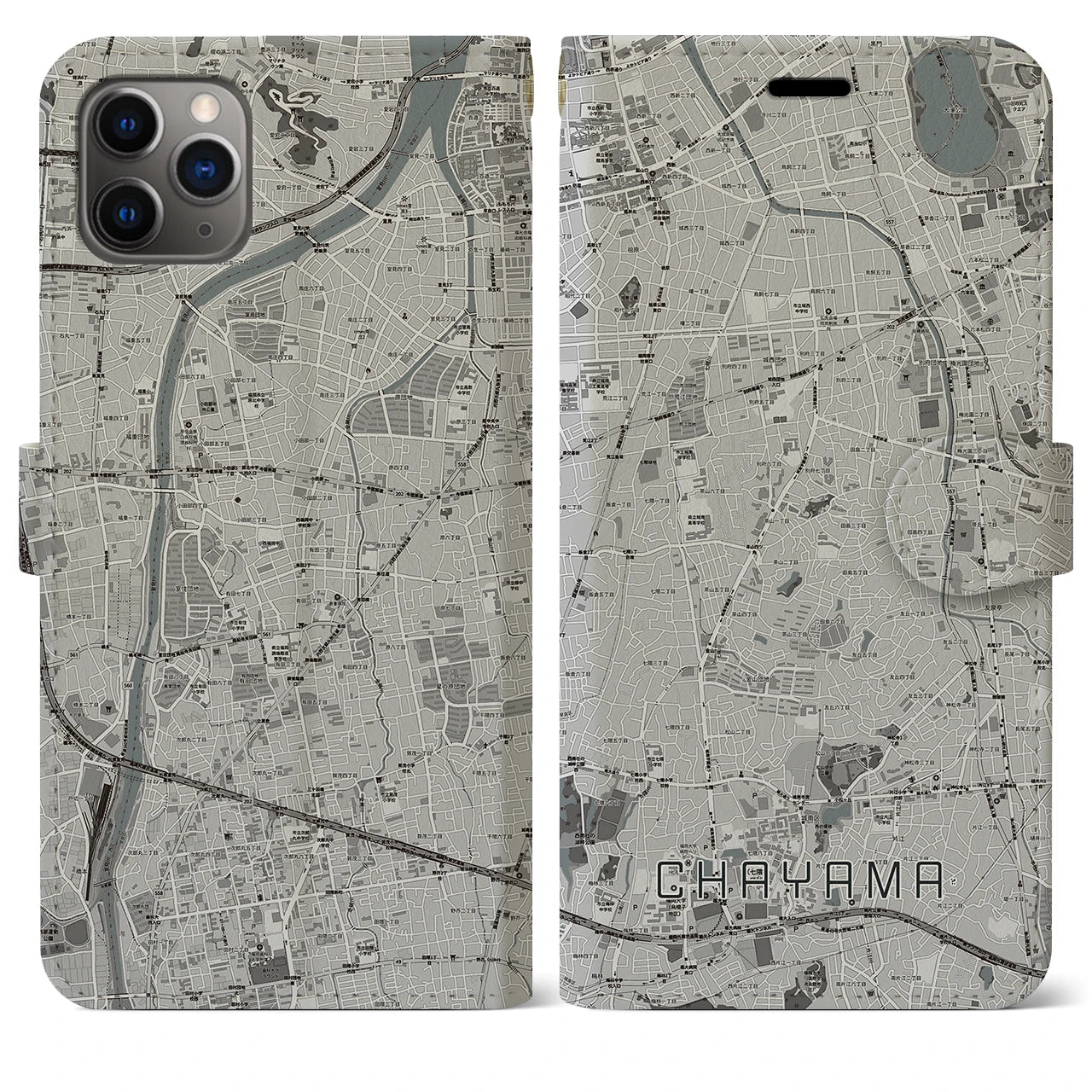 【茶山(福岡県)】地図柄iPhoneケース(手帳タイプ)モノトーン・iPhone 11 Pro Max 用