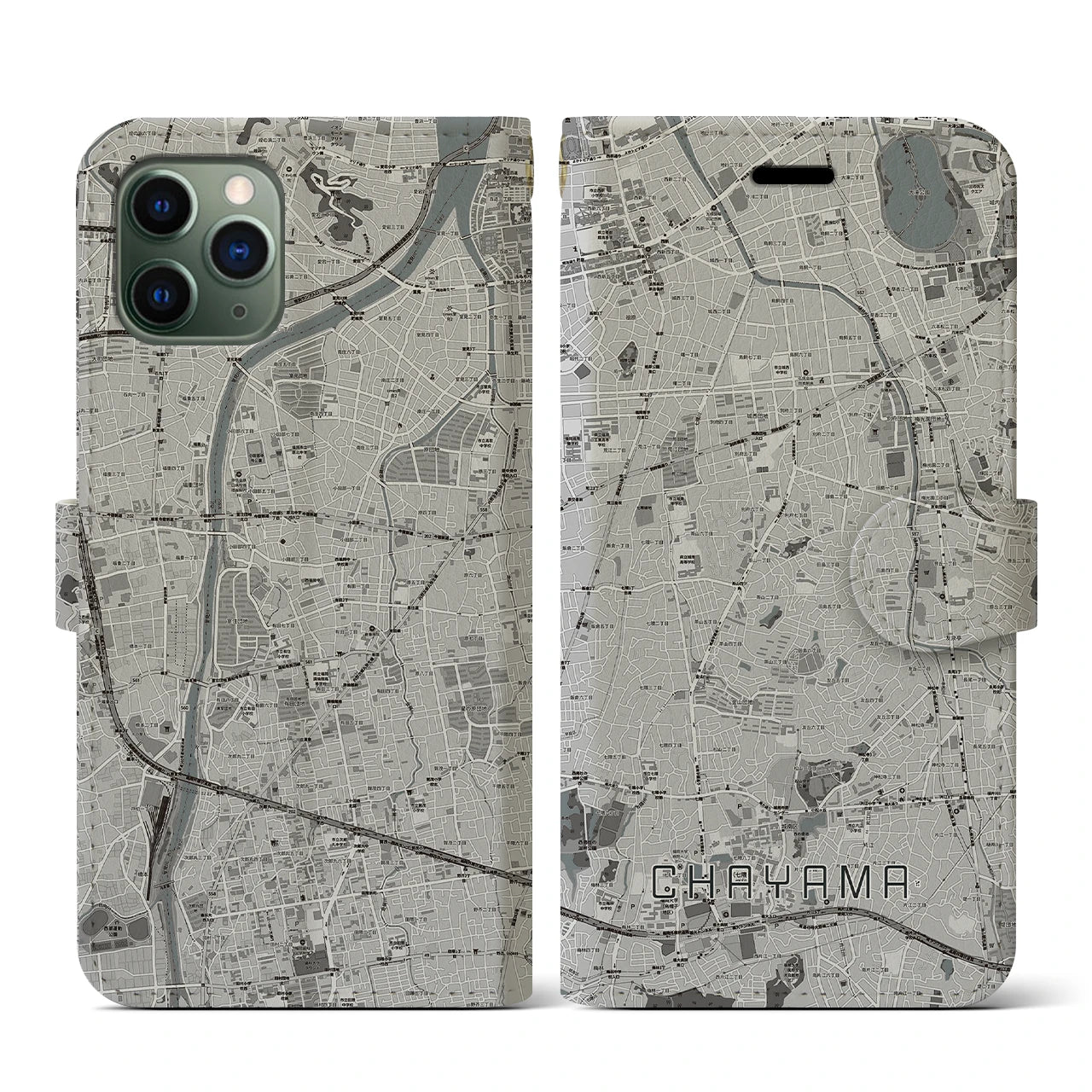 【茶山(福岡県)】地図柄iPhoneケース(手帳タイプ)モノトーン・iPhone 11 Pro 用