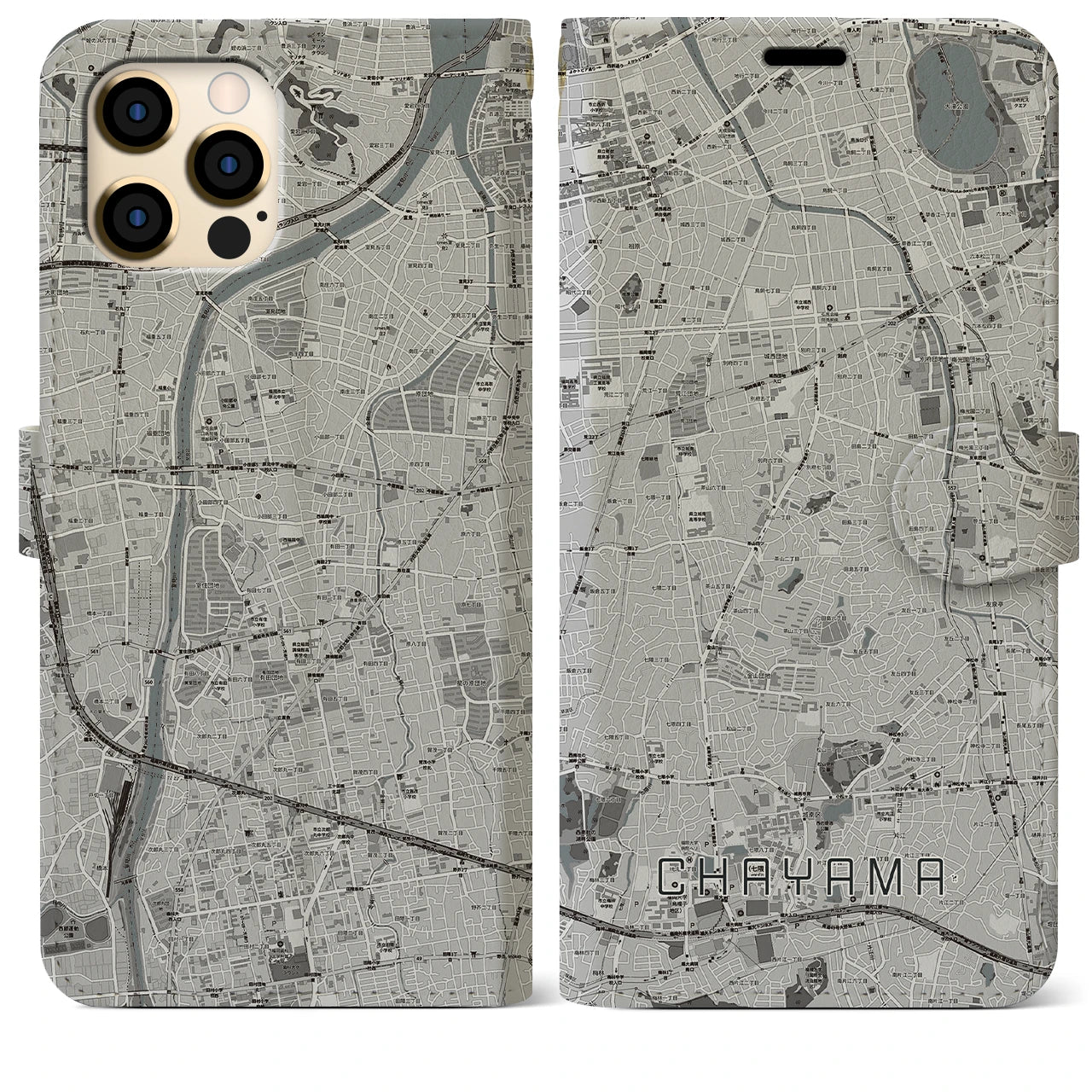 【茶山(福岡県)】地図柄iPhoneケース(手帳タイプ)モノトーン・iPhone 12 Pro Max 用