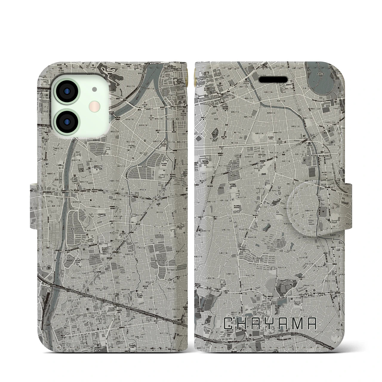【茶山(福岡県)】地図柄iPhoneケース(手帳タイプ)モノトーン・iPhone 12 mini 用