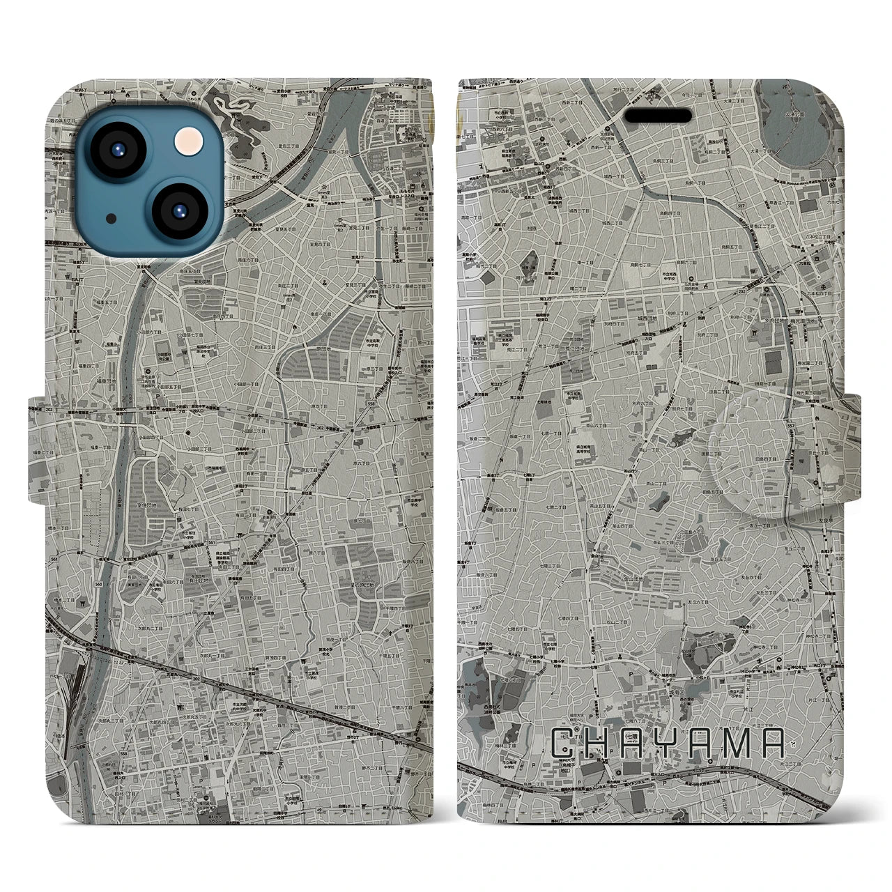 【茶山(福岡県)】地図柄iPhoneケース(手帳タイプ)モノトーン・iPhone 13 用