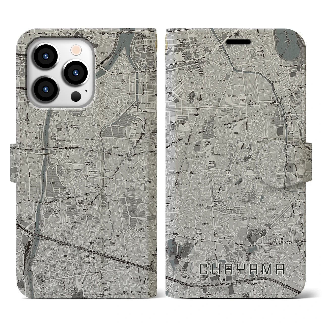 【茶山(福岡県)】地図柄iPhoneケース(手帳タイプ)モノトーン・iPhone 13 Pro 用