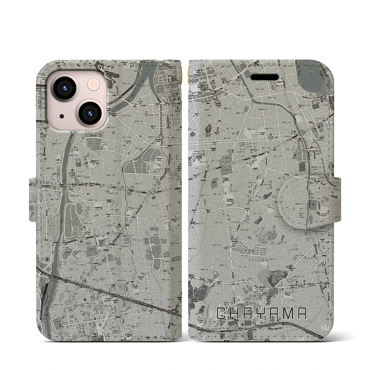 【茶山(福岡県)】地図柄iPhoneケース(手帳タイプ)モノトーン・iPhone 13 mini 用